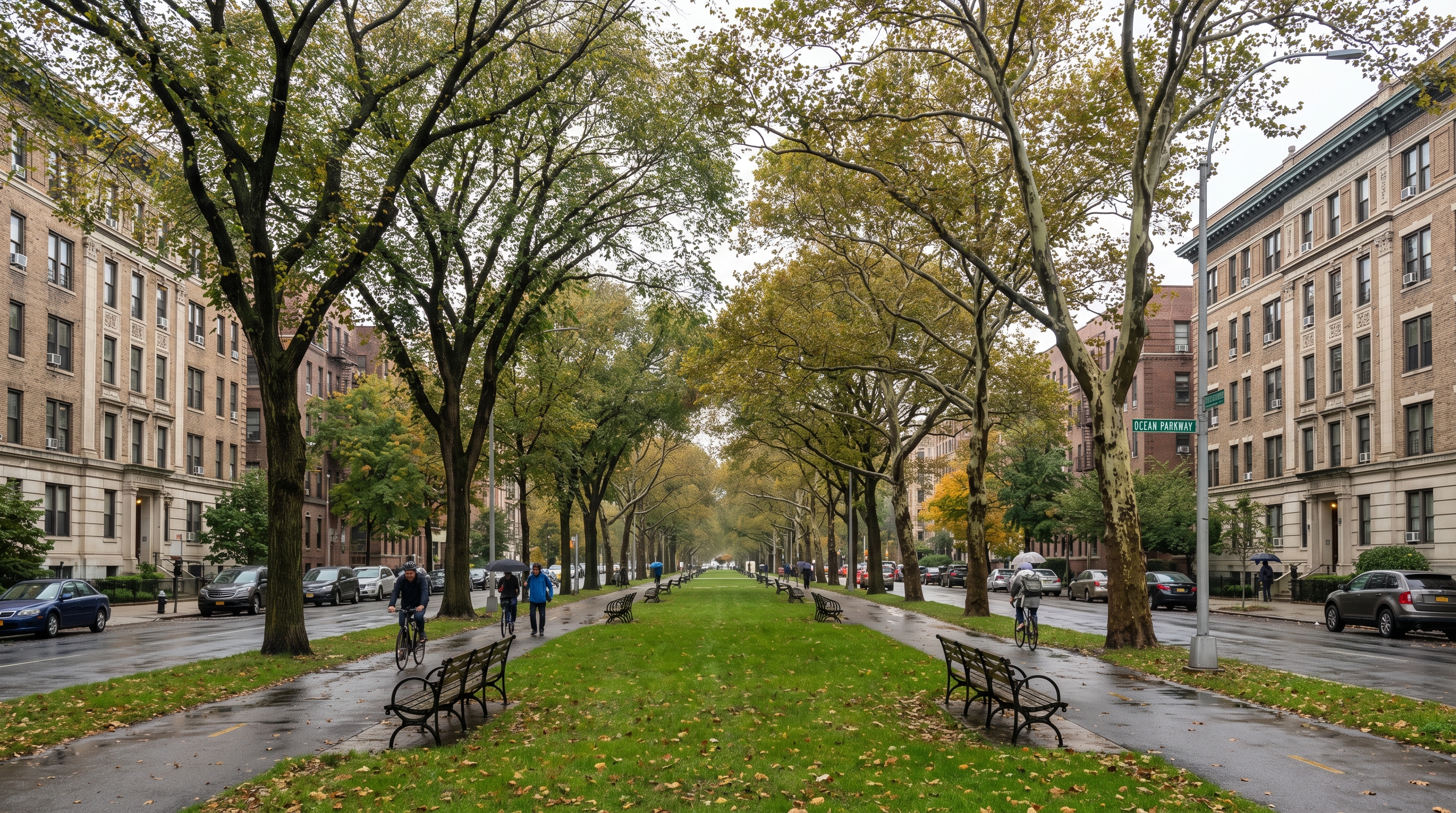 Ocean Parkway in Brooklyn, the Olmsted and Vaux-designed boulevard showing the tree-lined median promenade, historic bicycle path, and pre-war apartment buildings along the western edge of Midwood