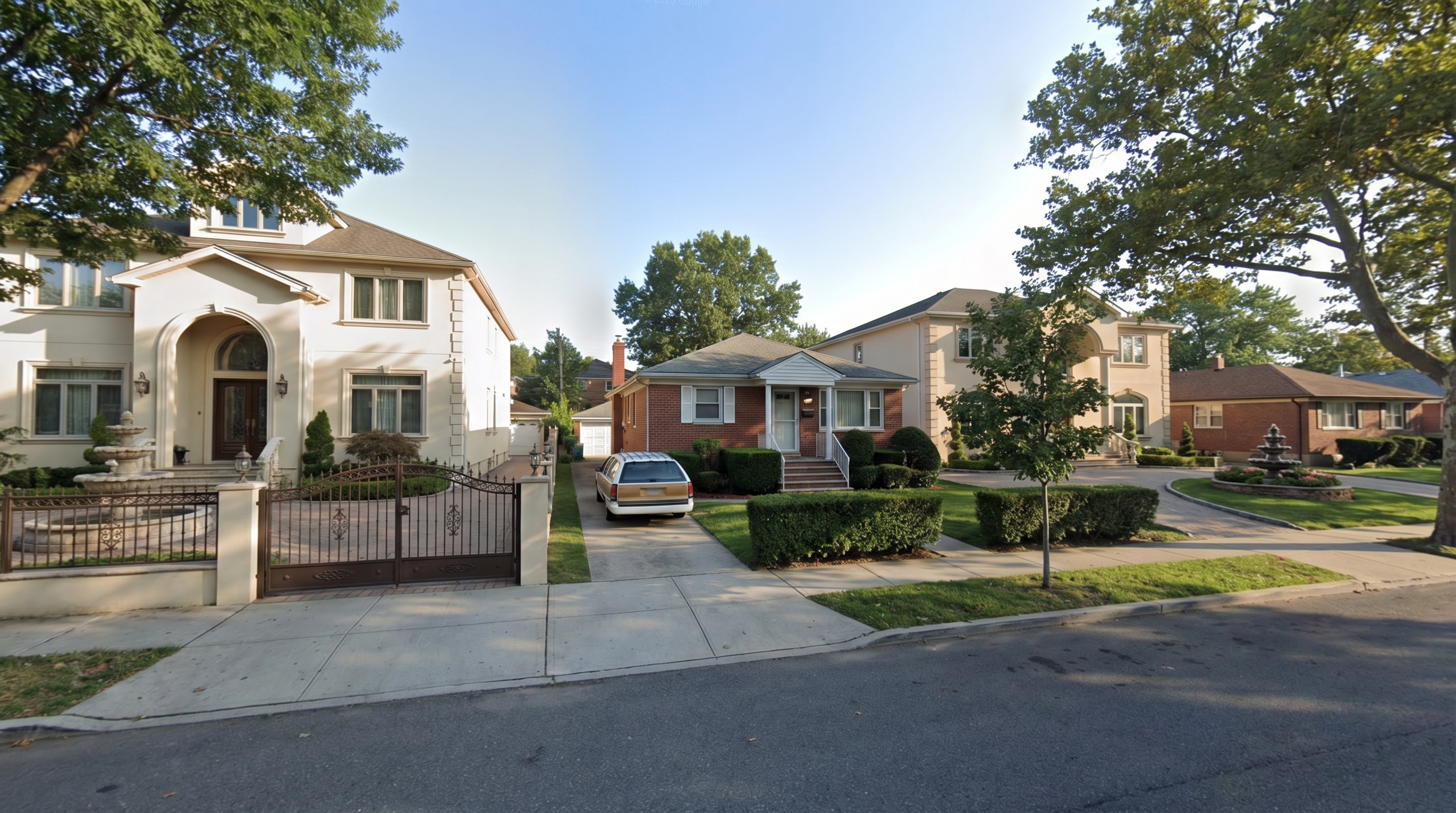 Mill Basin Brooklyn residential street showing stucco McMansion home beside original brick ranch house, ornamental iron gate, and manicured lawn