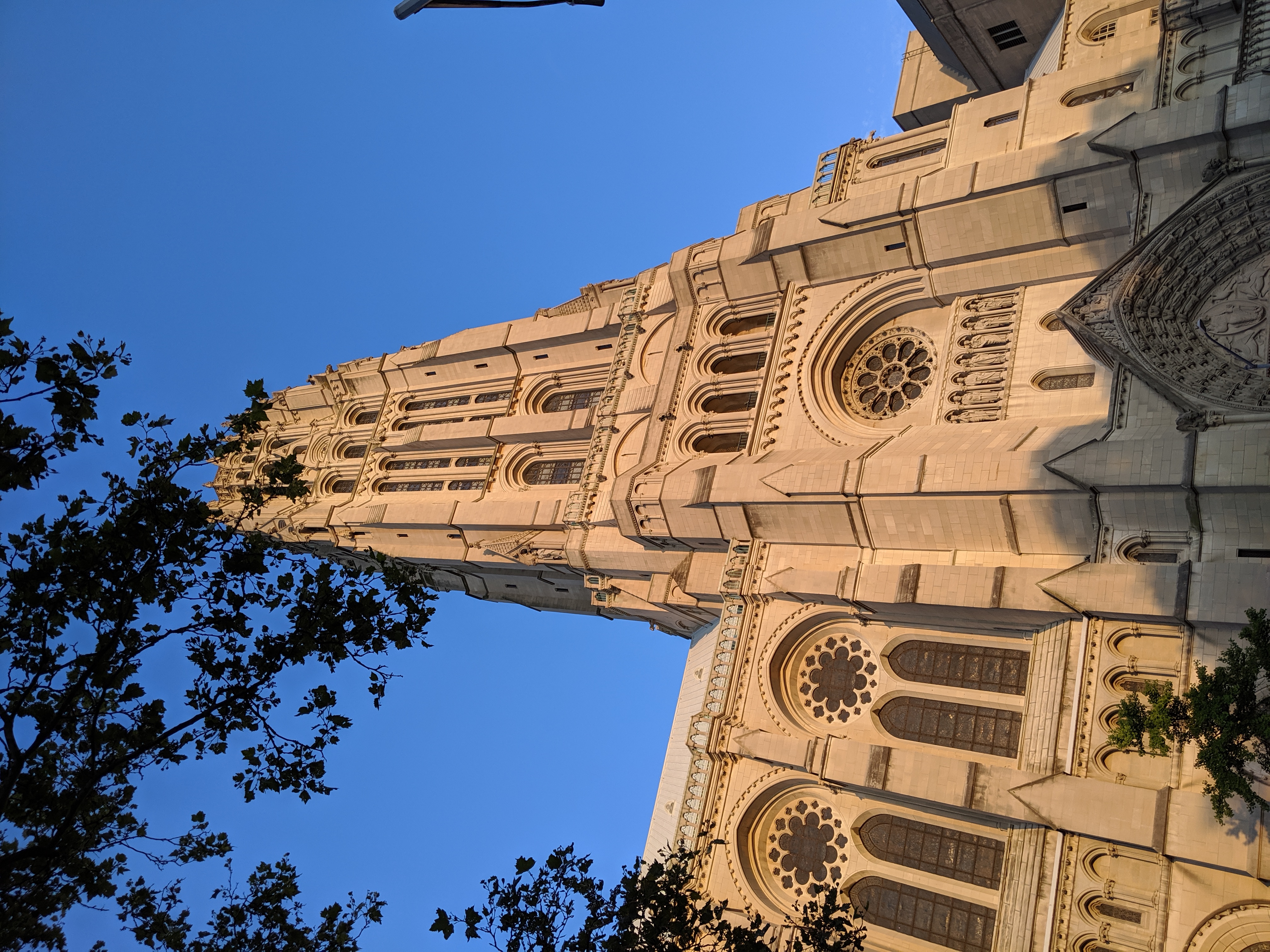 Riverside Church tower rising above the Morningside Heights skyline, housing the largest tuned carillon in the world