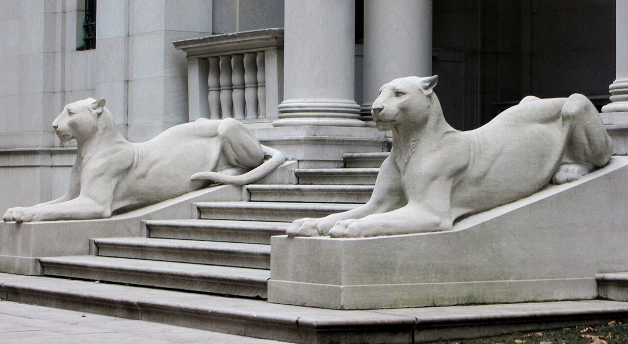 Stone lions flanking the entrance to the Morgan Library on East 36th Street, Murray Hill, Manhattan