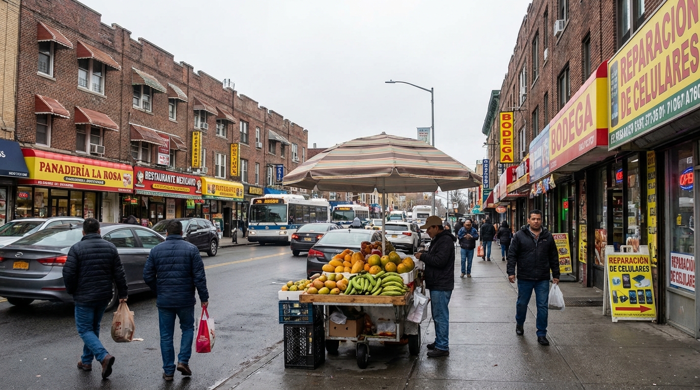 Northern Boulevard in North Corona showing the Latin American commercial corridor with a panadería, fruit cart vendors, bodegas, and pedestrians on the sidewalk under a grey Queens sky