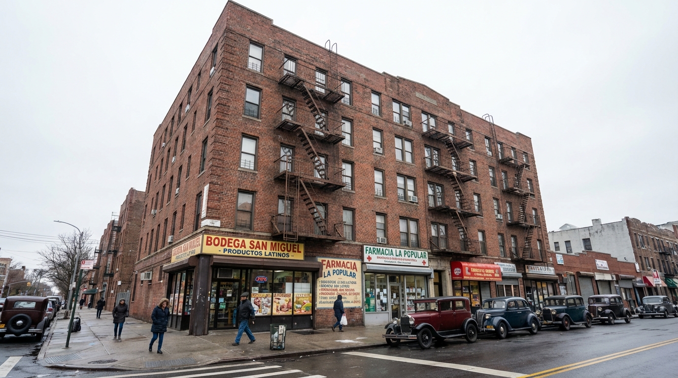 The pre-war commercial and residential corridor in North Corona, with a five-story brick building showing fire escapes, Spanish-language storefronts at street level, and the characteristic outer-borough street scene