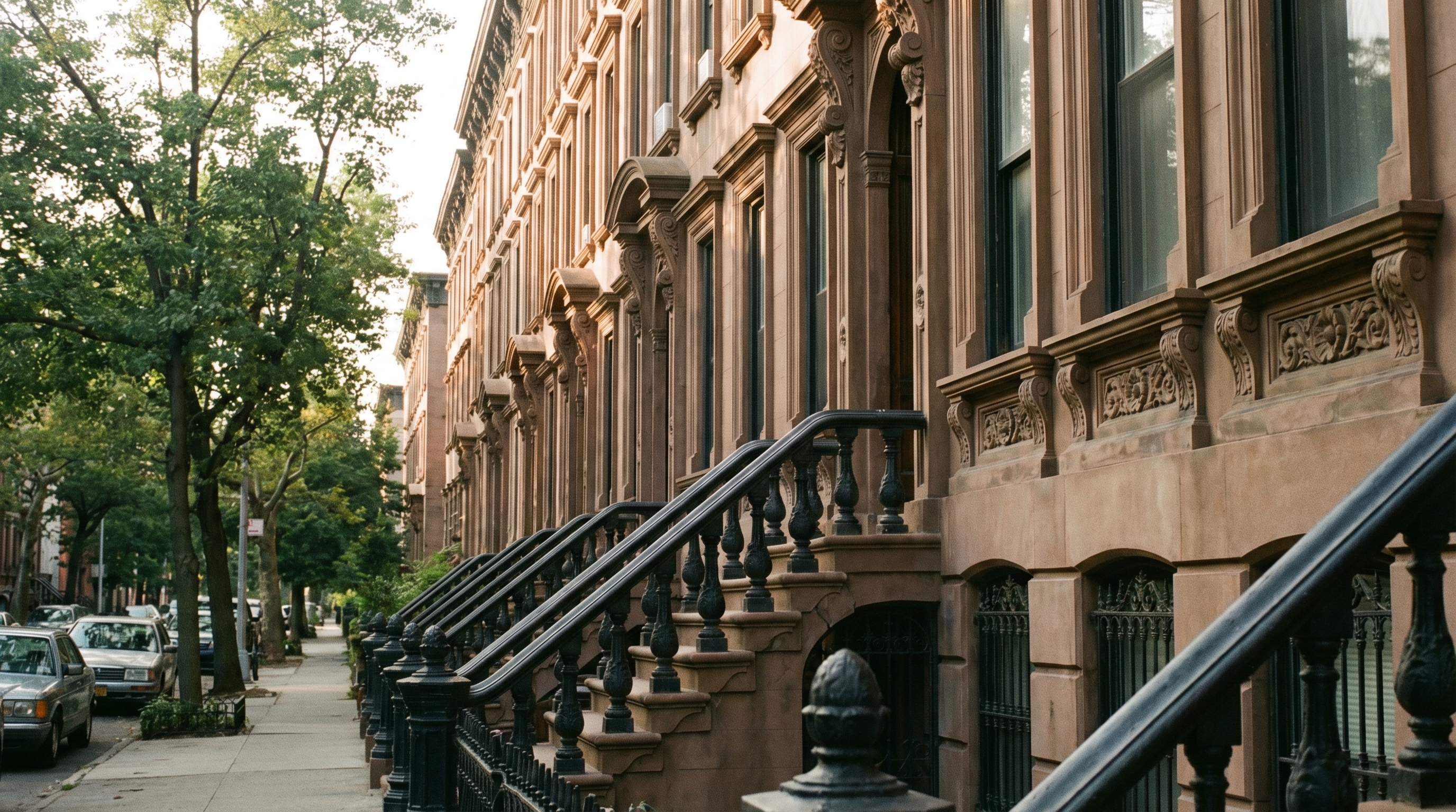 Brownstone rowhouse facades with carved stone lintels, high stoops, and cast-iron ironwork on a Brooklyn residential street