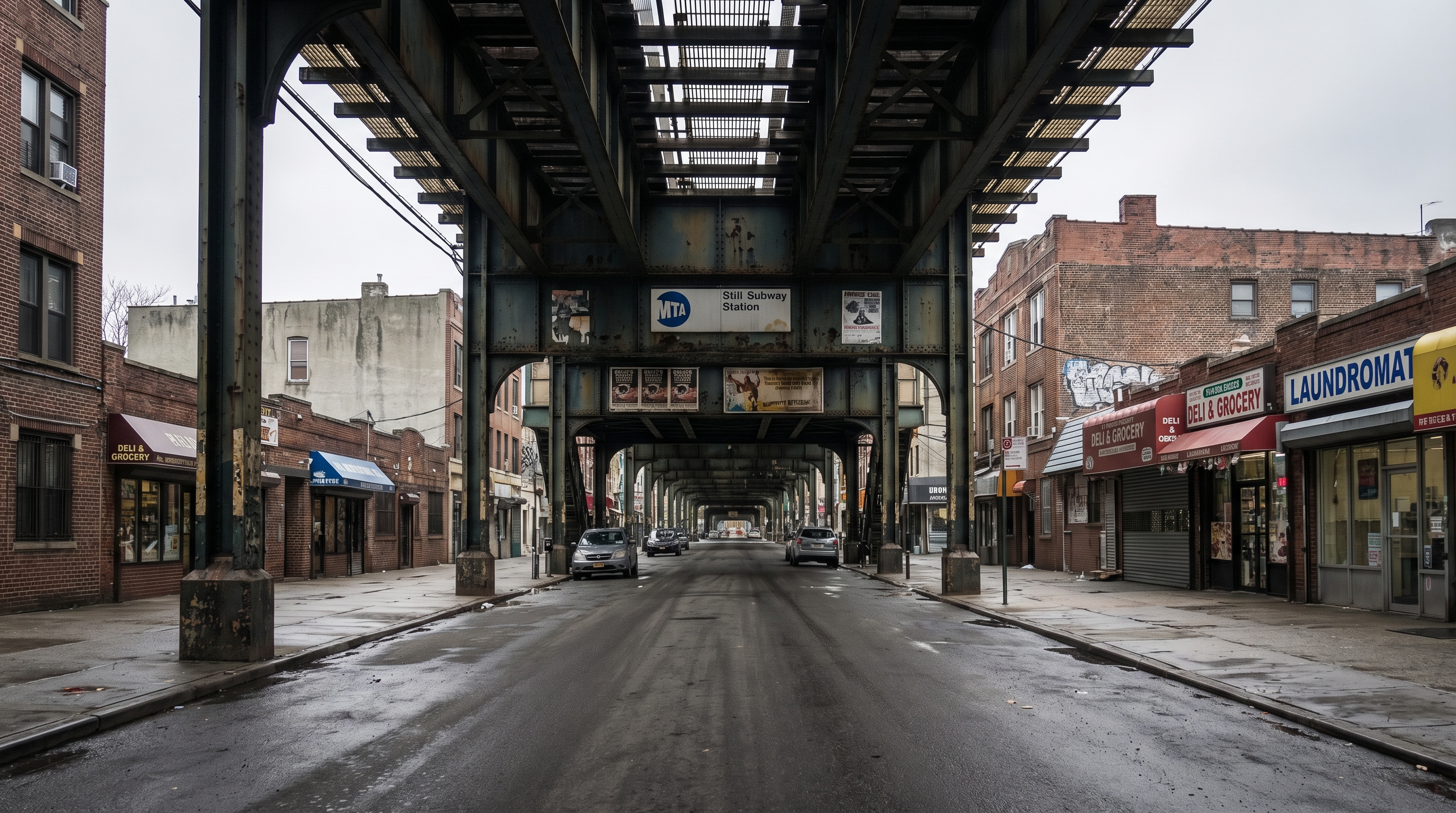 Elevated L train structure above a Brooklyn commercial street with storefronts and small shops below the train tracks
