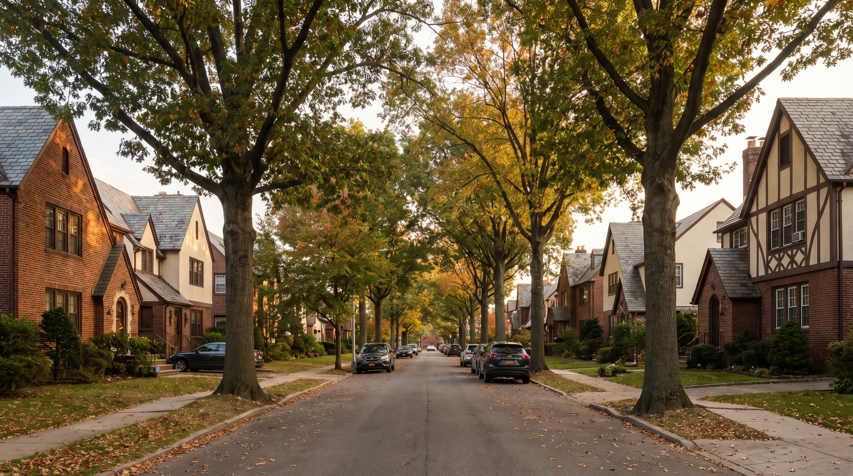 Tree-lined residential street in Midwood Brooklyn showing 1920s Tudor and Colonial Revival single-family homes with mature oak trees and warm autumn light