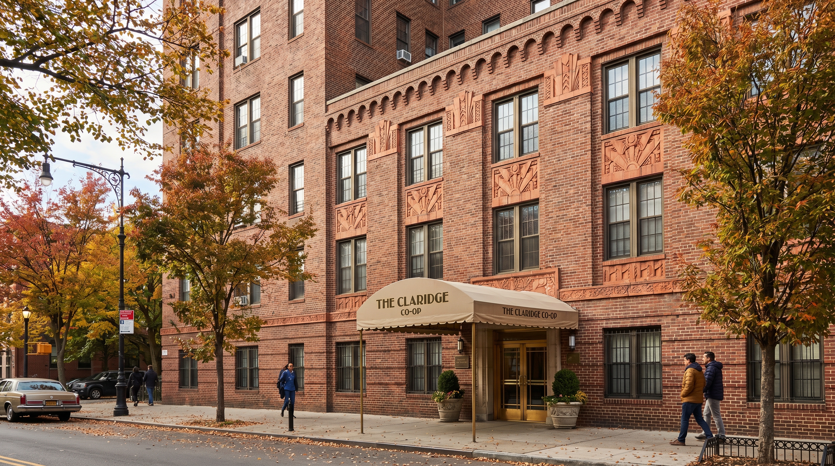 Pre-war brick cooperative apartment building in Brooklyn showing Art Deco facade details, canopied entrance, and fall trees