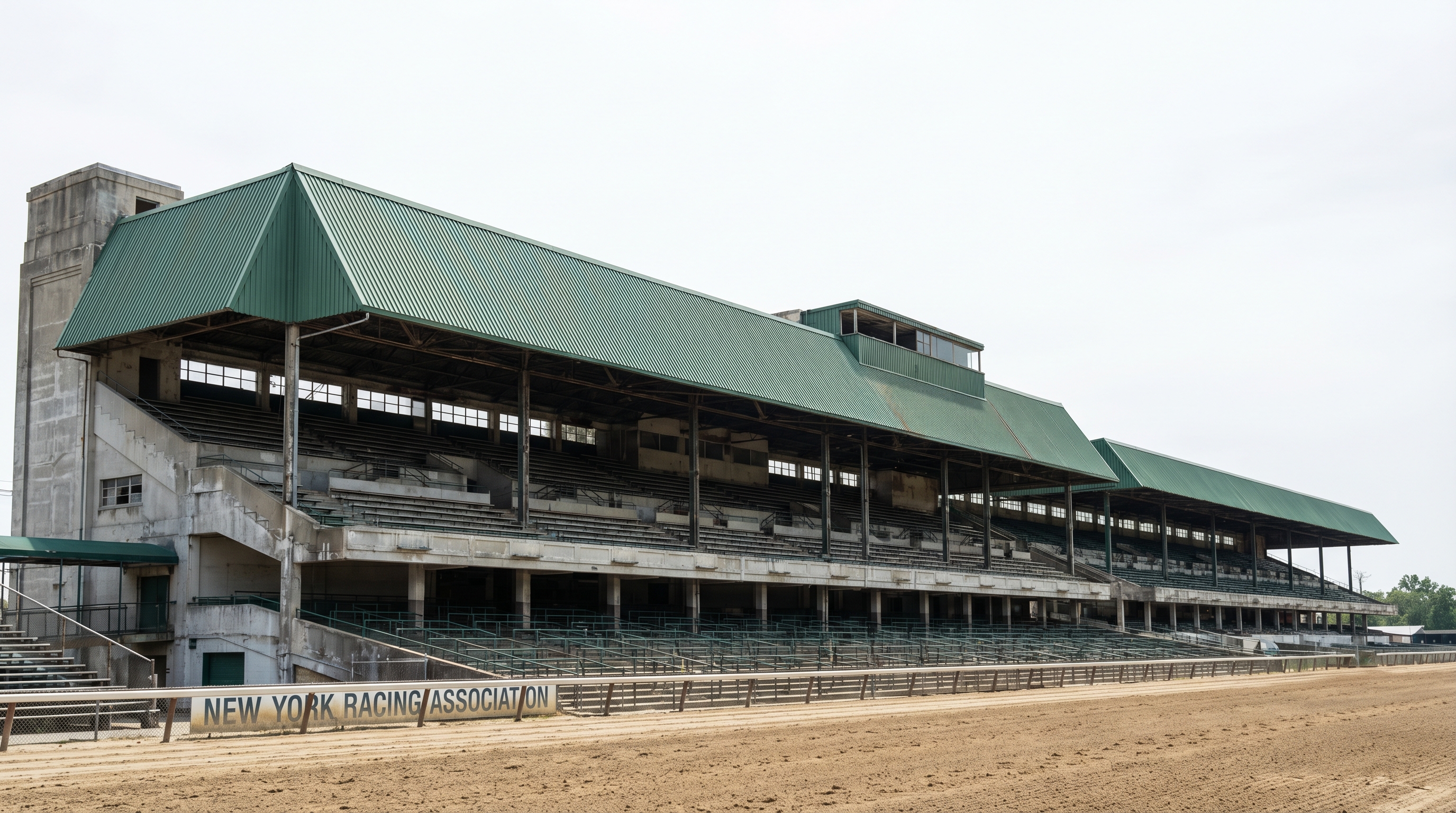 The Aqueduct Racetrack grandstand in South Ozone Park, Queens, showing the multi-tiered seating structure and sandy dirt track in the foreground