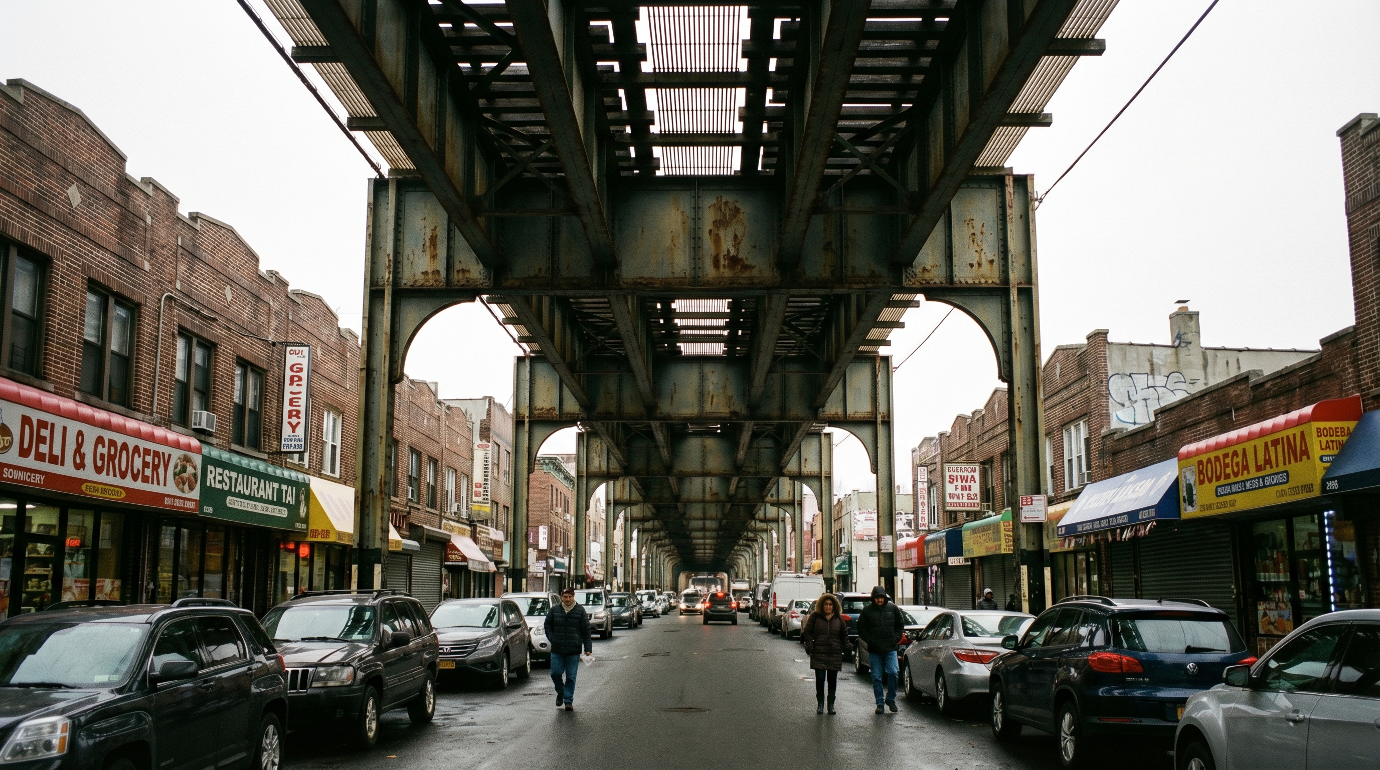 Looking down Liberty Avenue in Ozone Park, Queens under the elevated J train structure, with diverse storefronts on both sides and cars parked below the steel tracks
