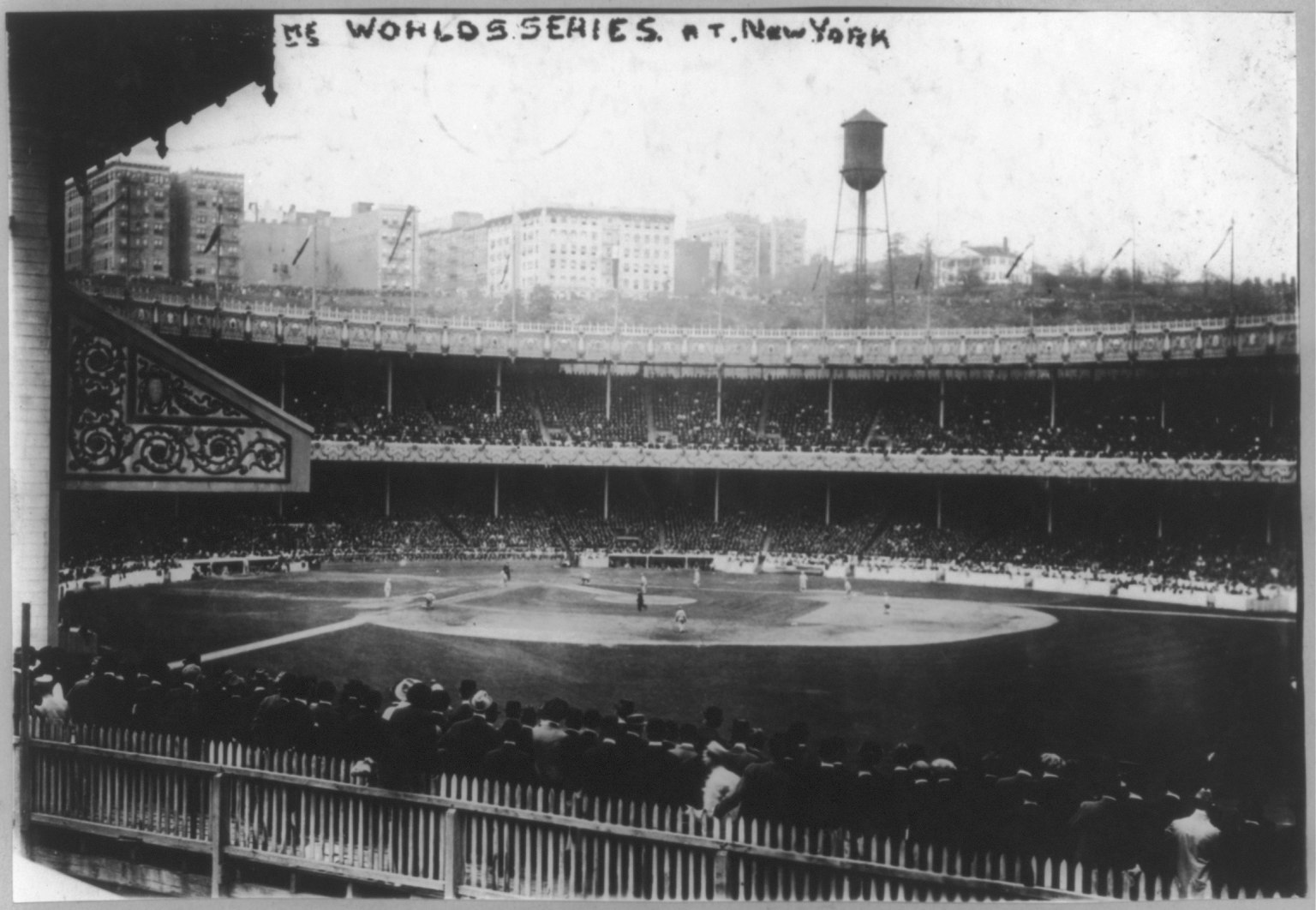The Polo Grounds stadium during the 1913 World Series, showing the packed horseshoe-shaped stands and the distinctive short foul lines that shaped baseball history