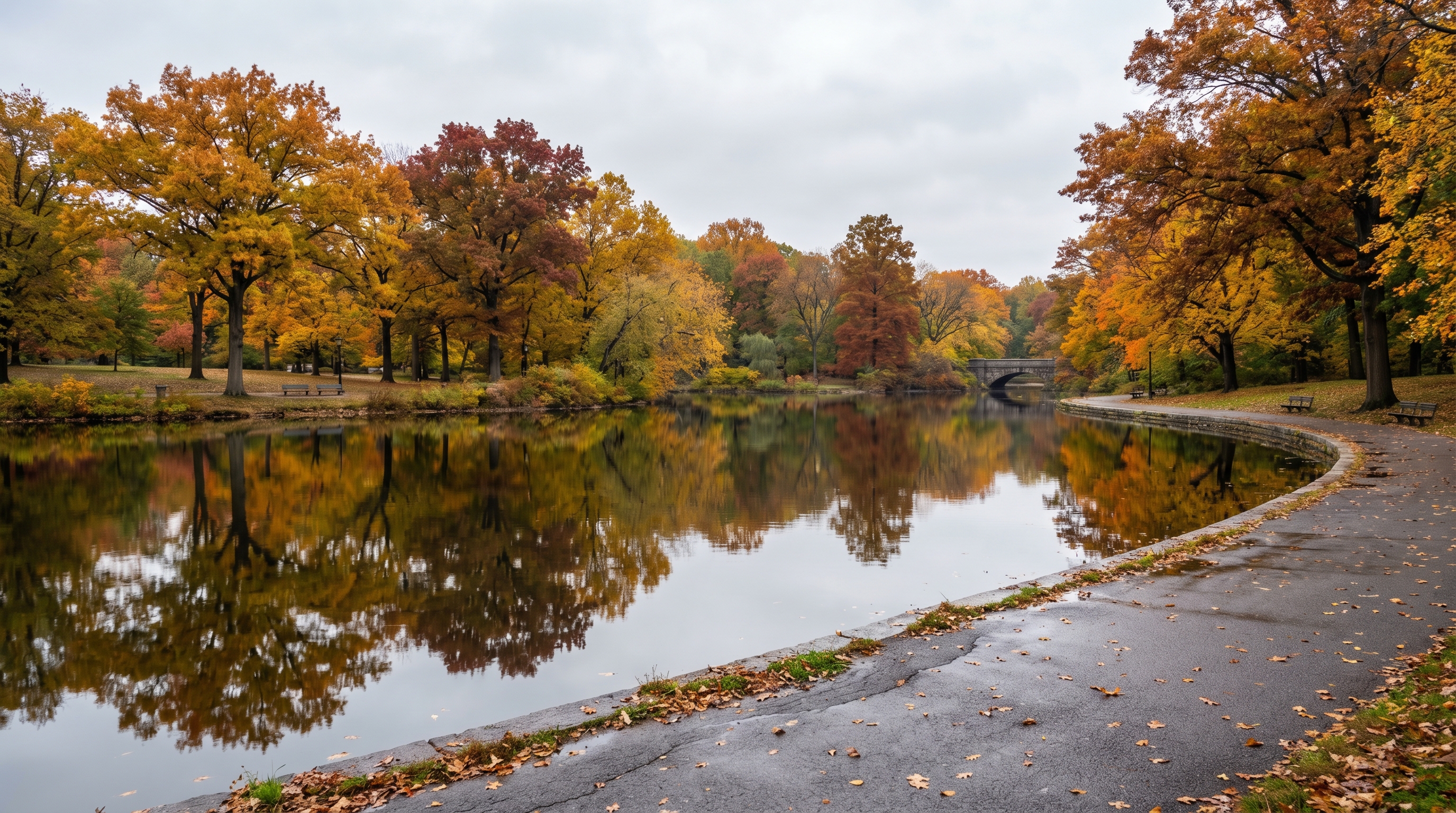 Kissena Park in autumn with the lake reflecting fall foliage, a walking path along the shore, five minutes from the western edge of Pomonok