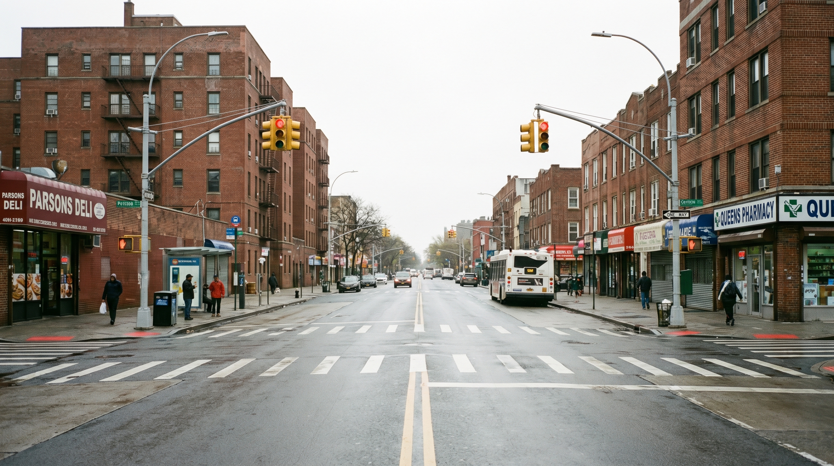 Parsons Boulevard in central Queens, the primary commercial corridor through Pomonok, with brick buildings, a bus stop, and the urban commercial streetscape of the neighborhood