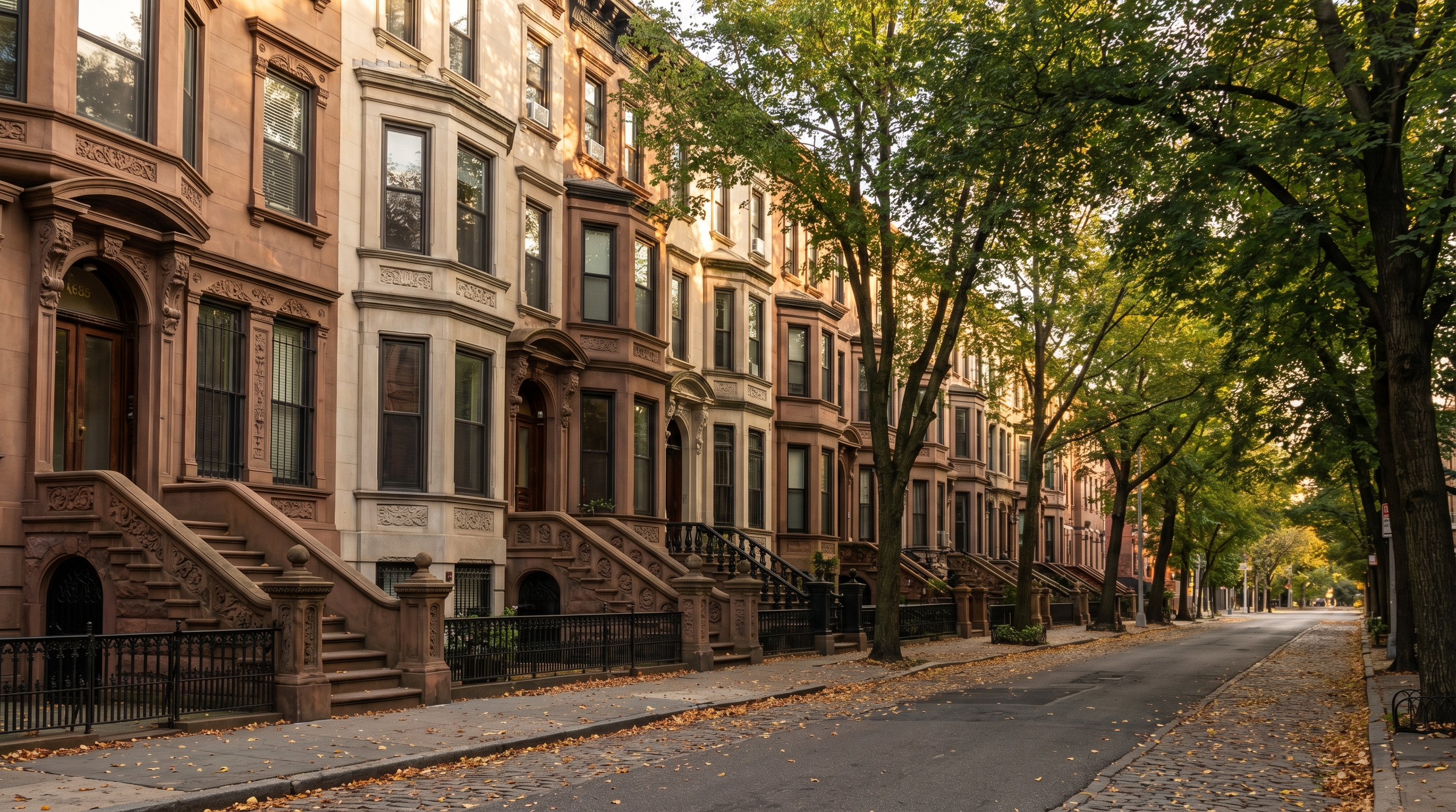 Tree-lined residential block of 4-story brownstone and limestone rowhouses in the Prospect Heights Historic District, with carved stoops and iron railings in warm afternoon light