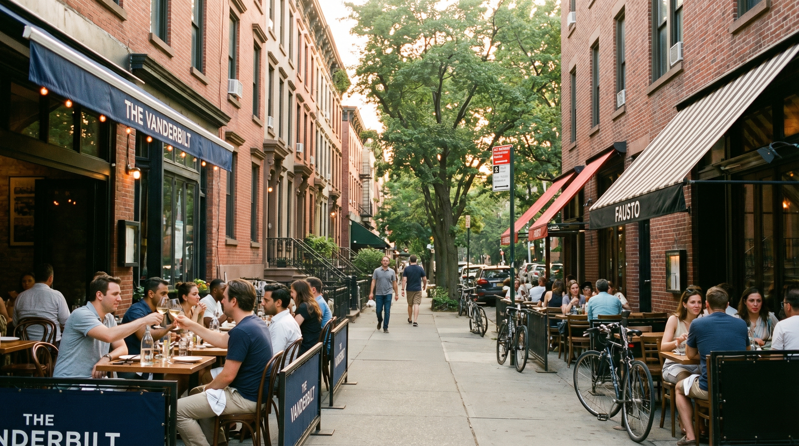 Outdoor dining and wine bars along Vanderbilt Avenue in Prospect Heights Brooklyn, the neighborhood's main commercial street lined with locally owned restaurants
