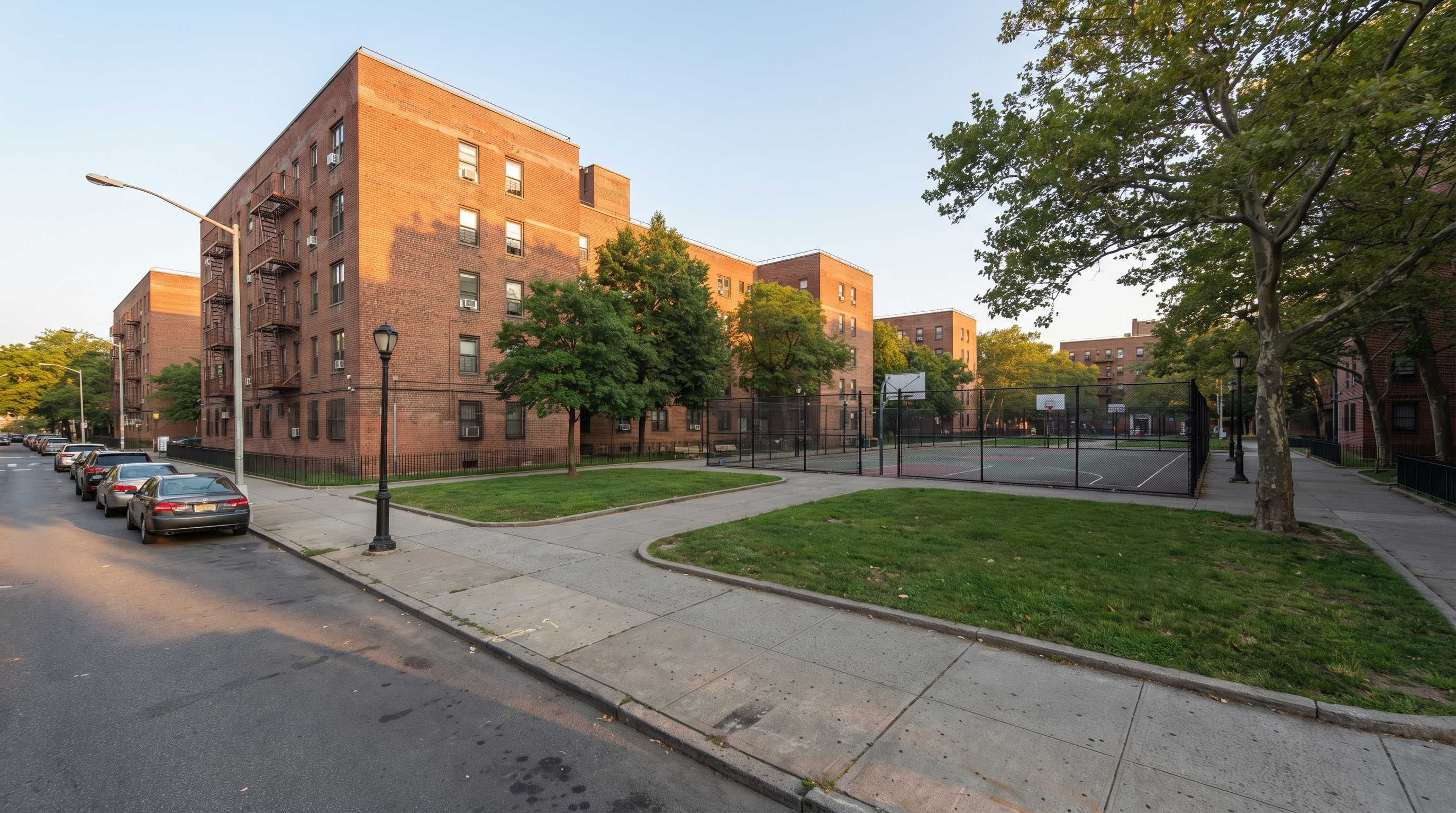 Street-level view of red brick NYCHA apartment buildings in Ravenswood Queens with landscaped grounds and basketball courts at early evening