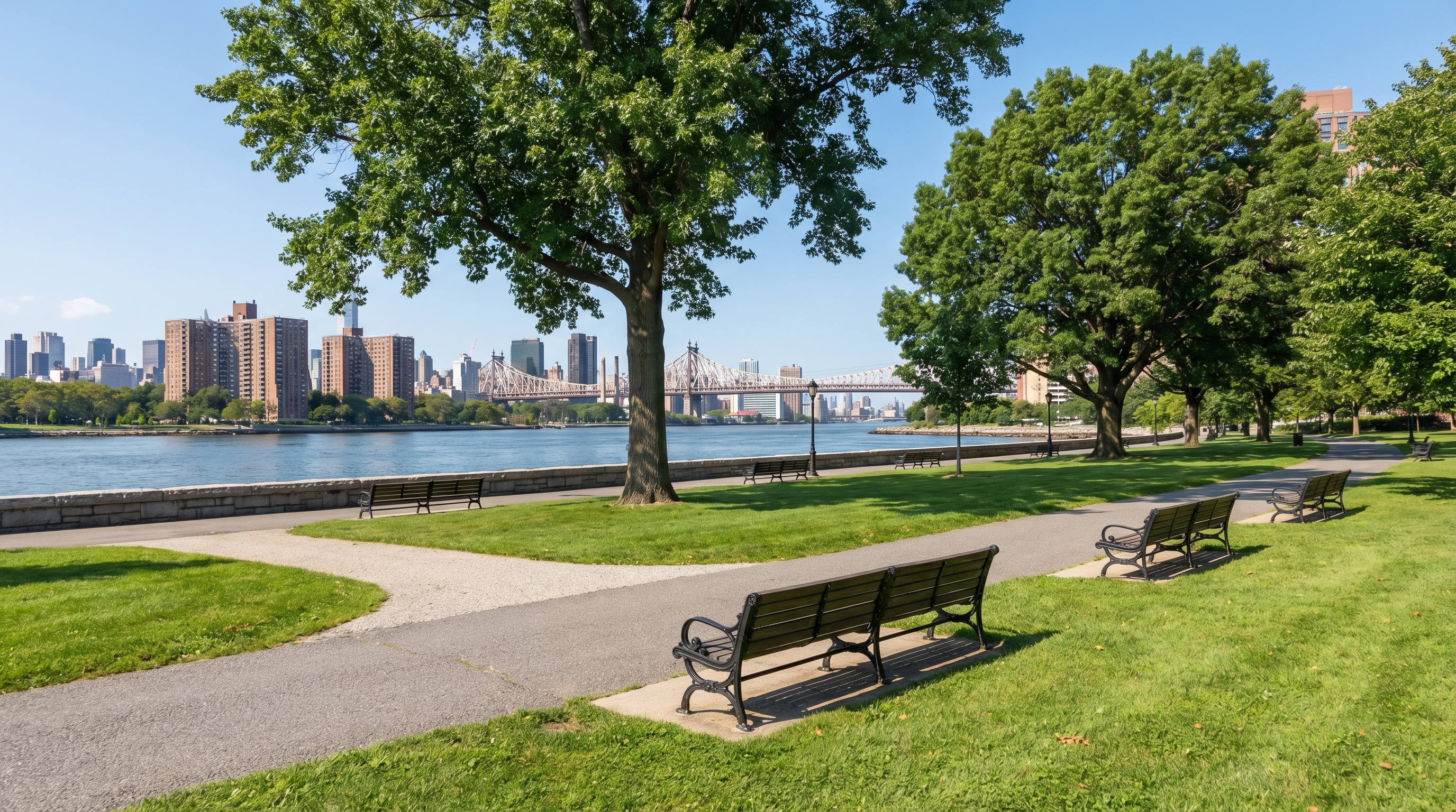 Waterfront park in Ravenswood Queens with walking paths, benches under mature trees, and views across the East River to the Manhattan skyline and the Queensboro Bridge