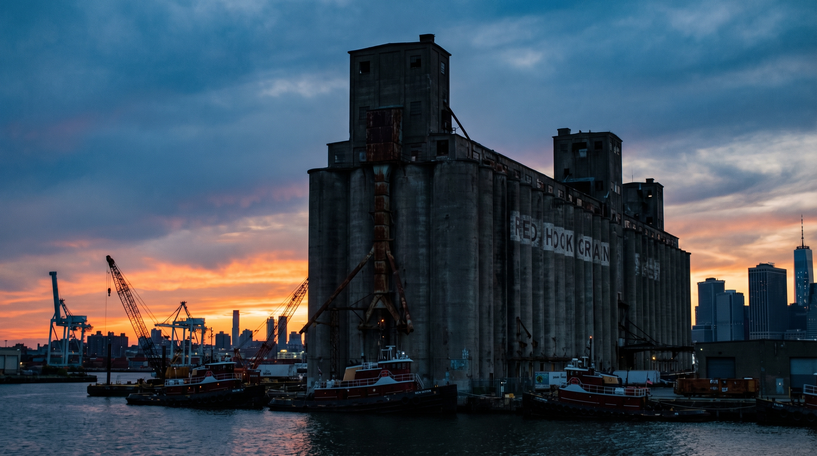 The Red Hook Grain Terminal, a 12-story 1922 concrete grain elevator on the Brooklyn waterfront, silhouetted against a dusk sky above the harbor with tugboats and cranes