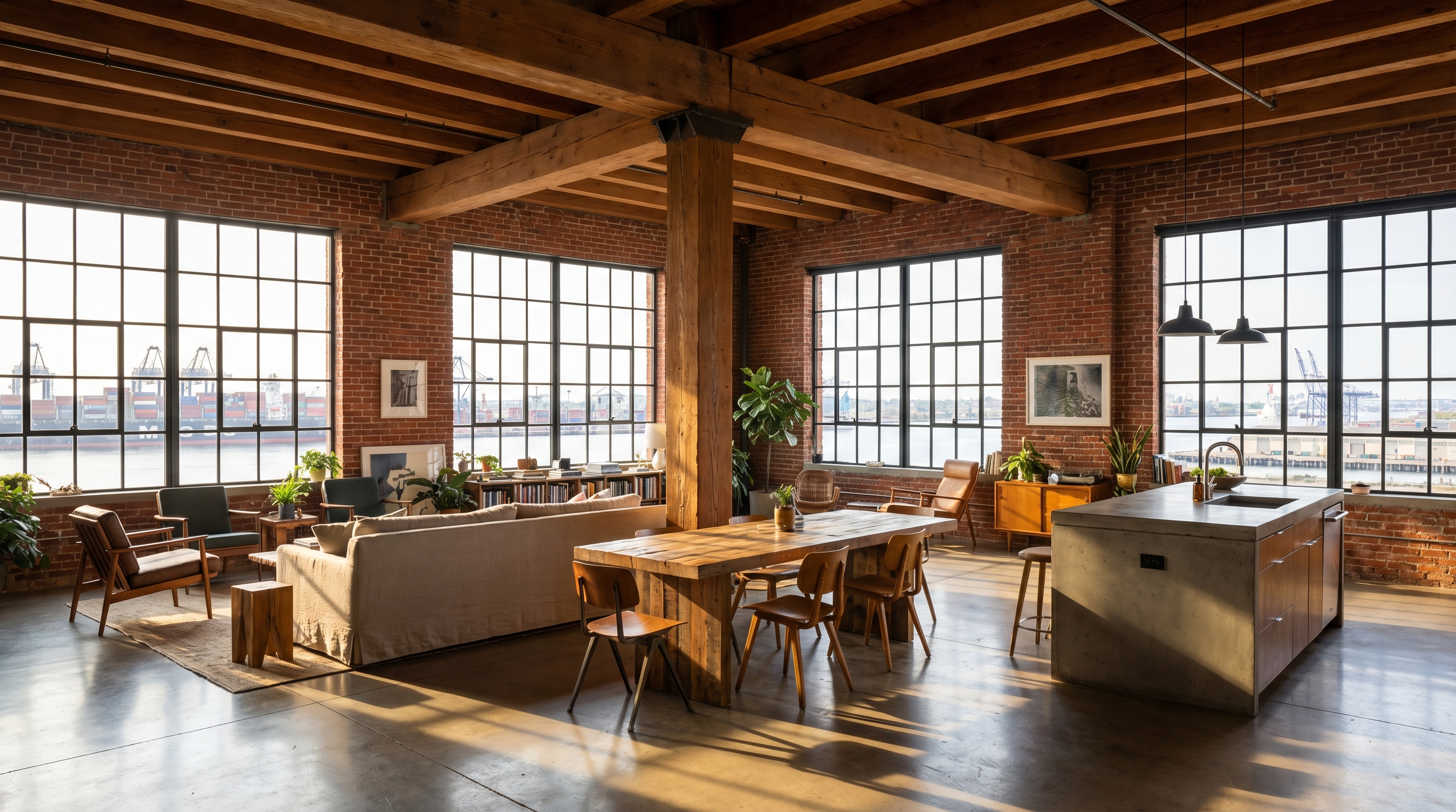 Interior of a Red Hook warehouse loft conversion with exposed brick walls, heavy timber ceiling beams, polished concrete floors, and industrial steel-framed windows overlooking the harbor