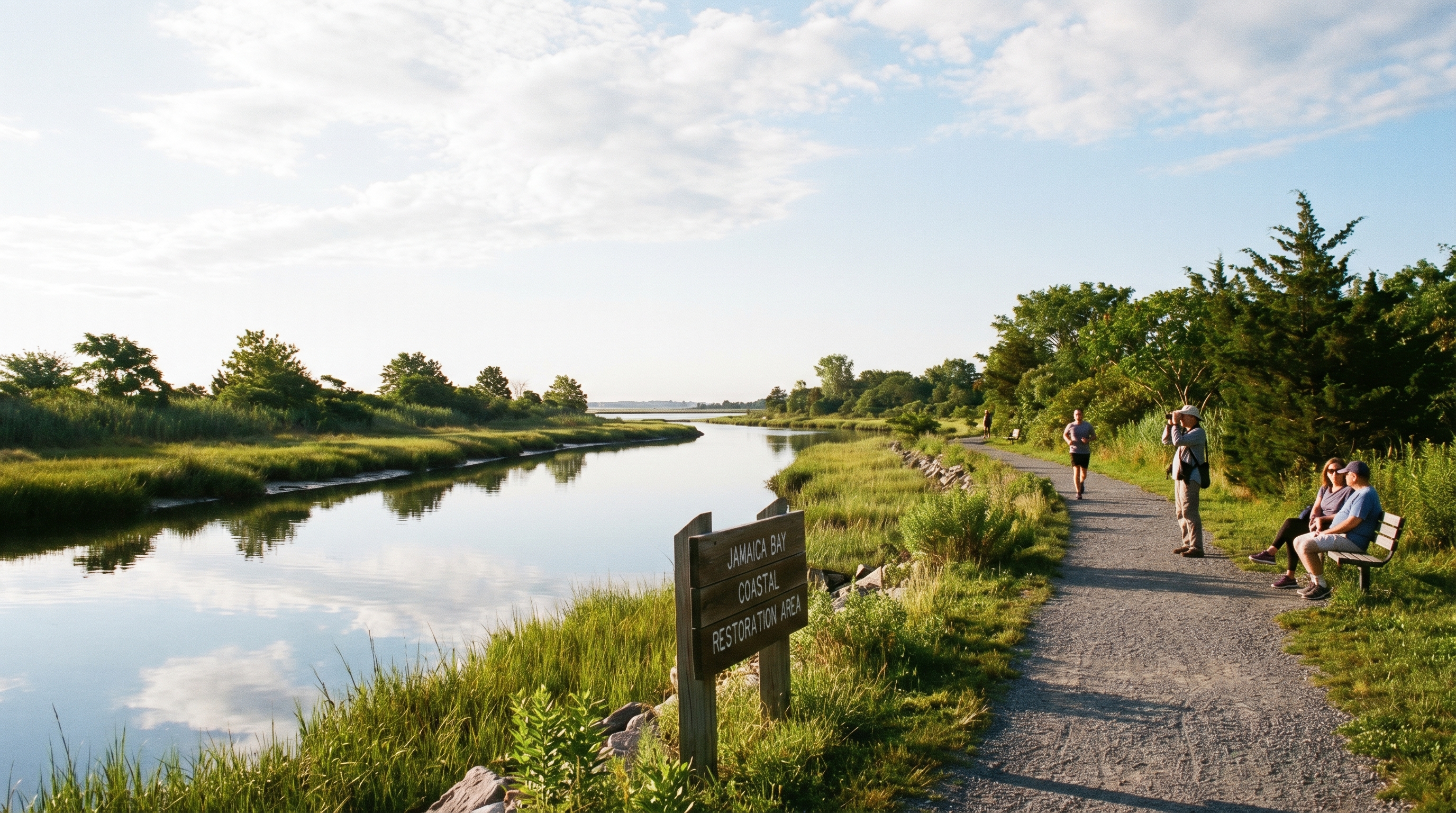 The tidal waterway parkland along Paerdegat Basin in Brooklyn, with a gravel path, restored wetland grasses, and a Jamaica Bay coastal restoration sign