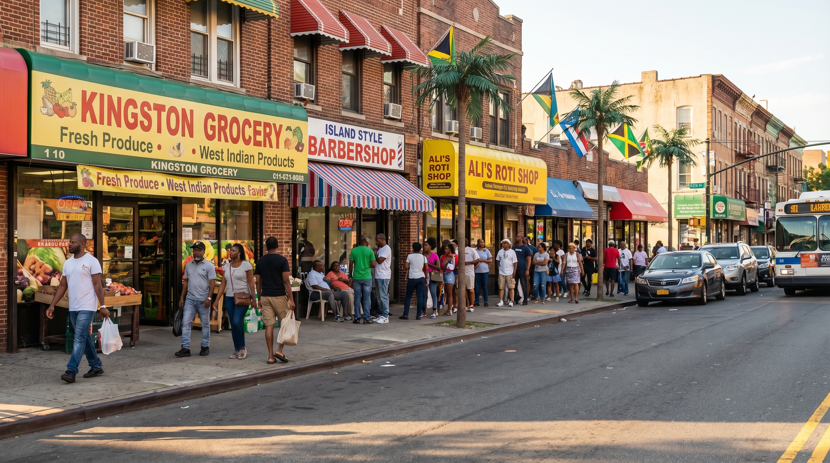 Caribbean-American commercial strip with grocery, barbershop, and roti shop storefronts on a Brooklyn avenue, Jamaican flags flying overhead