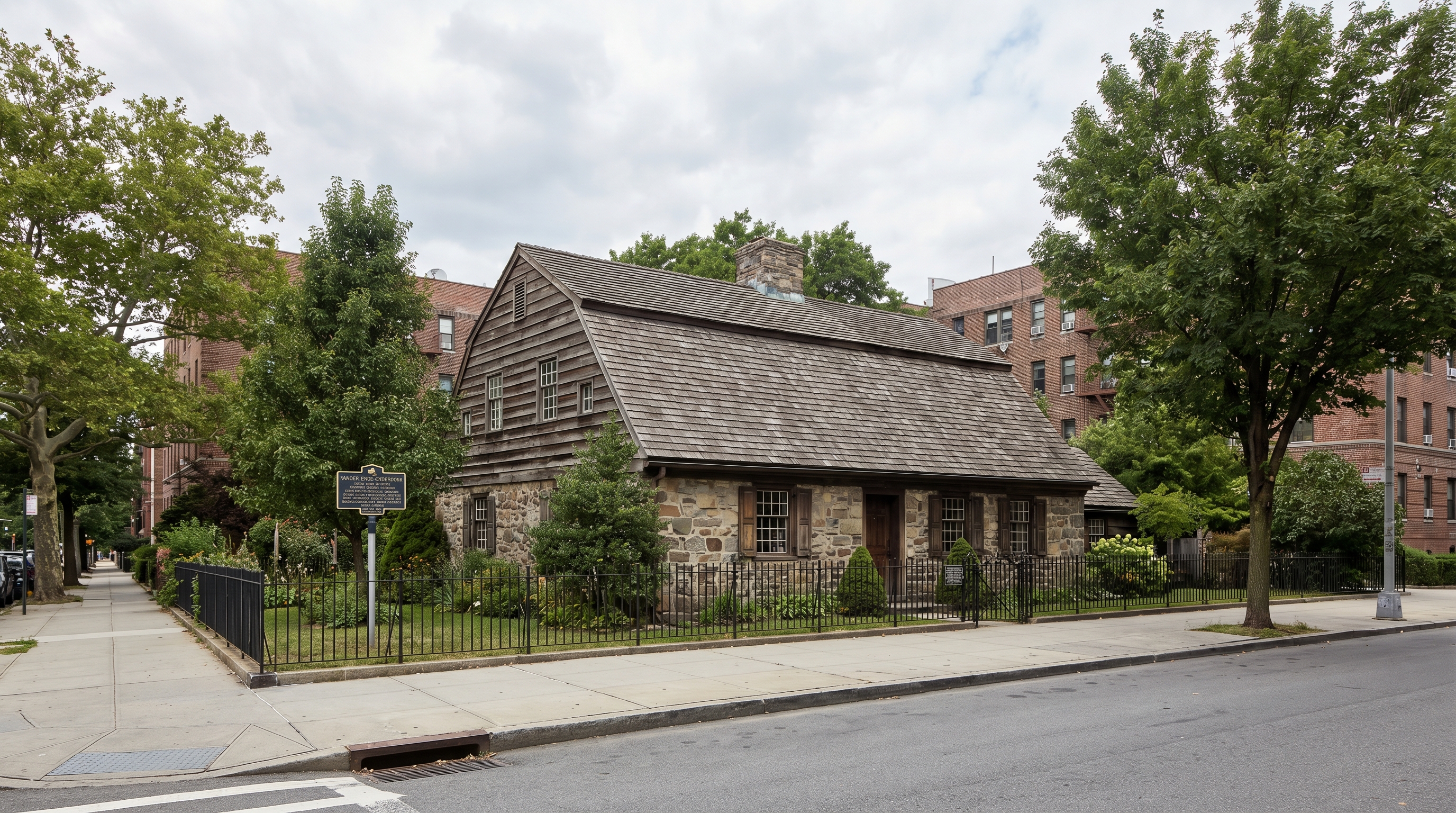The Vander Ende-Onderdonk House in Ridgewood Queens, a Dutch colonial stone farmhouse built around 1709, the oldest surviving building in Queens, surrounded by an iron fence and mature trees on Flushing Avenue
