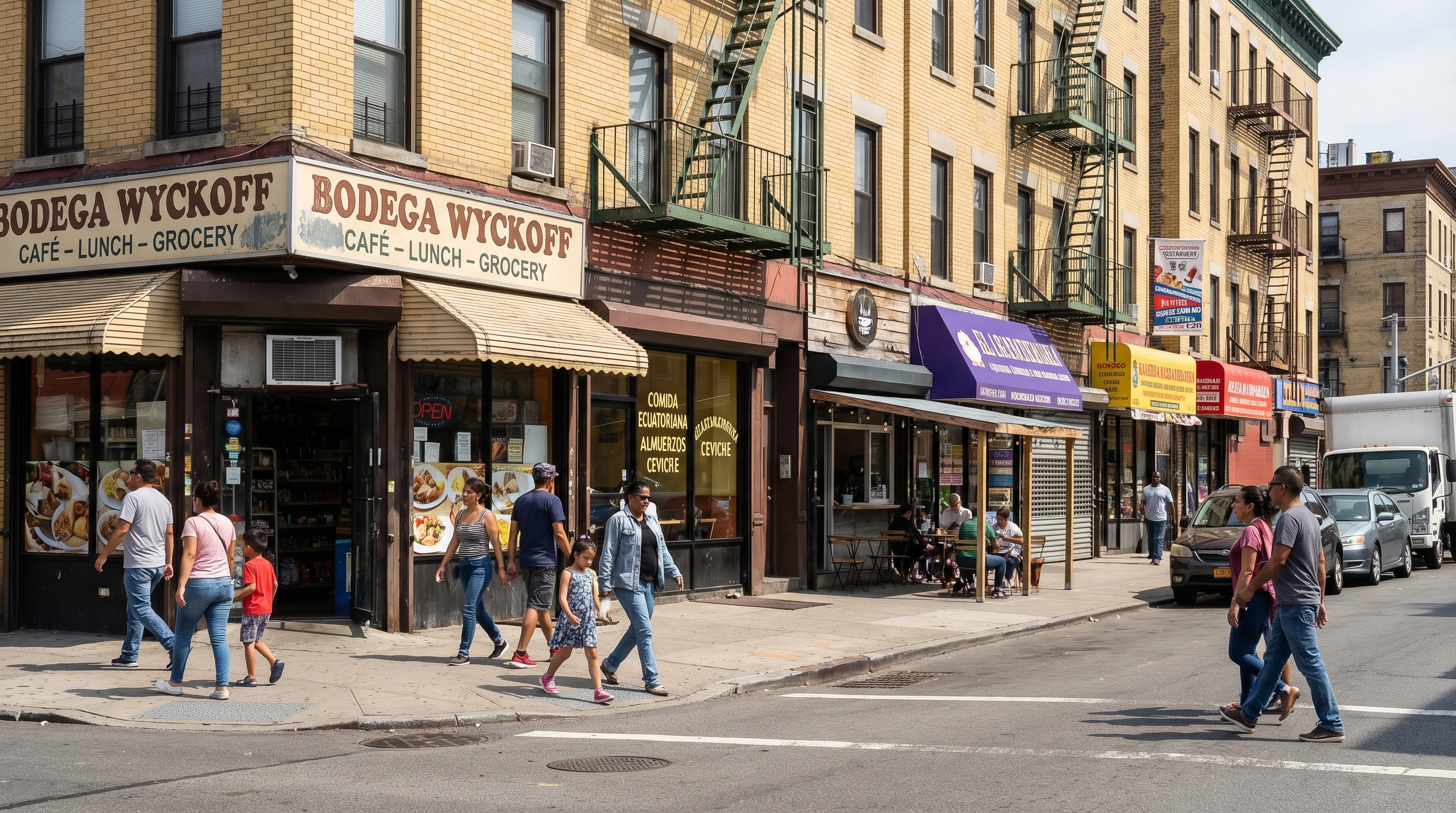 Wyckoff Avenue in Ridgewood Queens showing the multicultural commercial strip with Ecuadorian storefronts, bodegas, and pedestrians under the yellow-brick apartment buildings that line both sides of the neighborhood's main commercial corridor