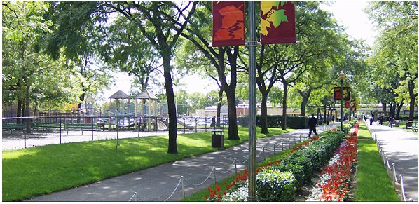 Open lawns and landscaped paths between Rochdale Village's residential towers, showing the superblock design's separation of residential space from the street grid