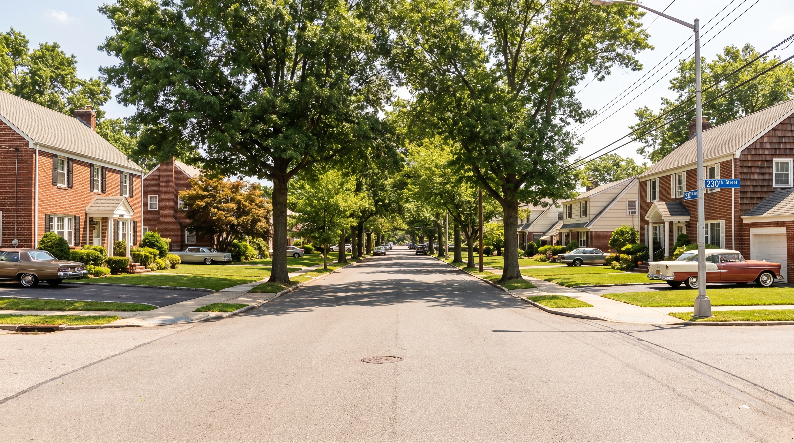 Quiet residential street in Rosedale, Queens showing brick Colonial Revival and Cape Cod homes with driveways, front lawns, and mature street trees