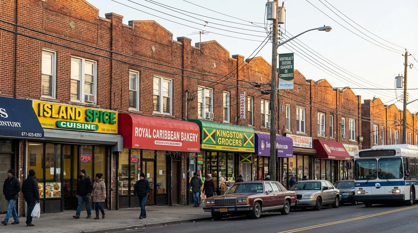 Merrick Boulevard in southeast Queens showing Caribbean commercial storefronts with patty shops, bakeries, and grocery stores along the commercial spine