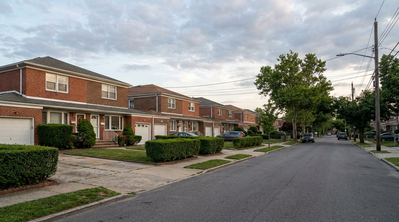 Semi-detached brick two-family homes on a residential street in Rosedale, Queens with driveways and trimmed hedges