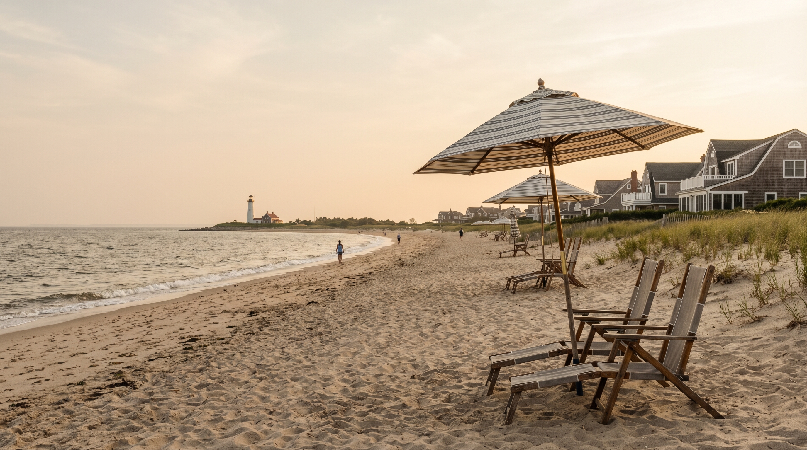 A quiet private beach on the Atlantic Ocean in Sea Gate, Brooklyn, with beach chairs, a lighthouse visible in the distance, and residential homes along the dune line at golden hour