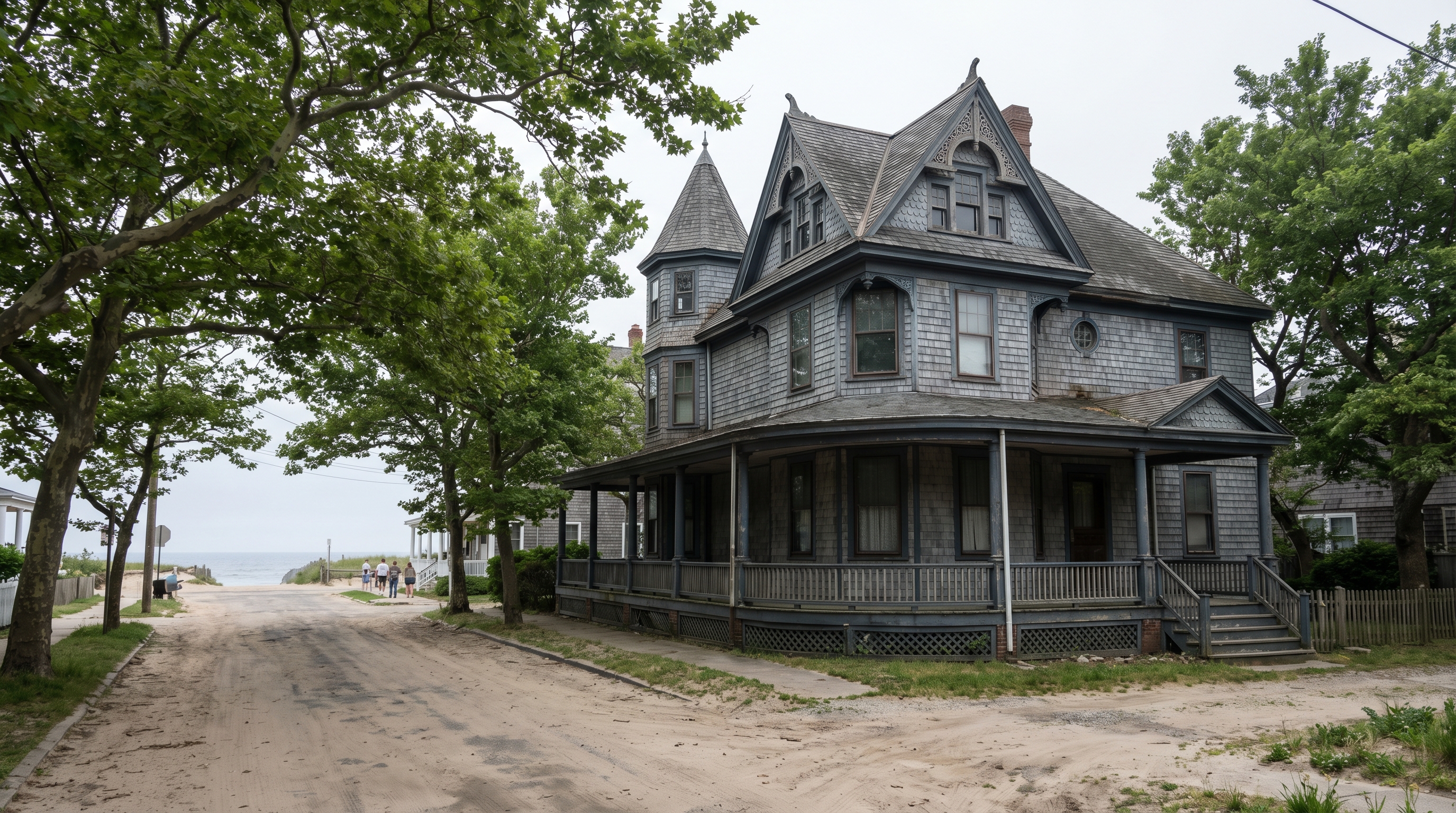 A Victorian Queen Anne cottage on a quiet private street in Sea Gate, Brooklyn, with wraparound porch and shingled gabled facade, the Atlantic Ocean visible at the end of the block