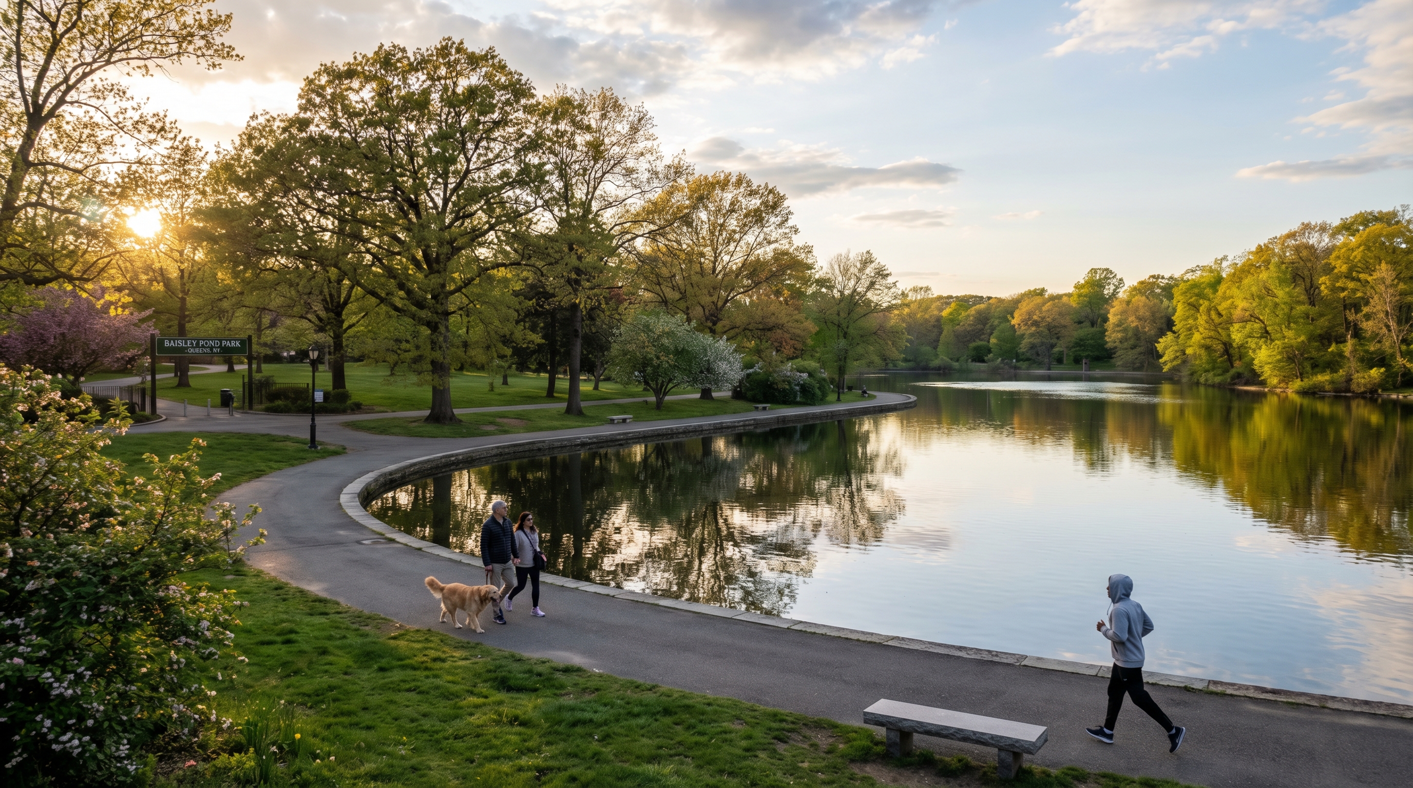Baisley Pond Park in Queens New York showing the walking path curving along the calm pond edge, surrounded by mature trees and spring foliage, with people walking a dog and jogging at sunset