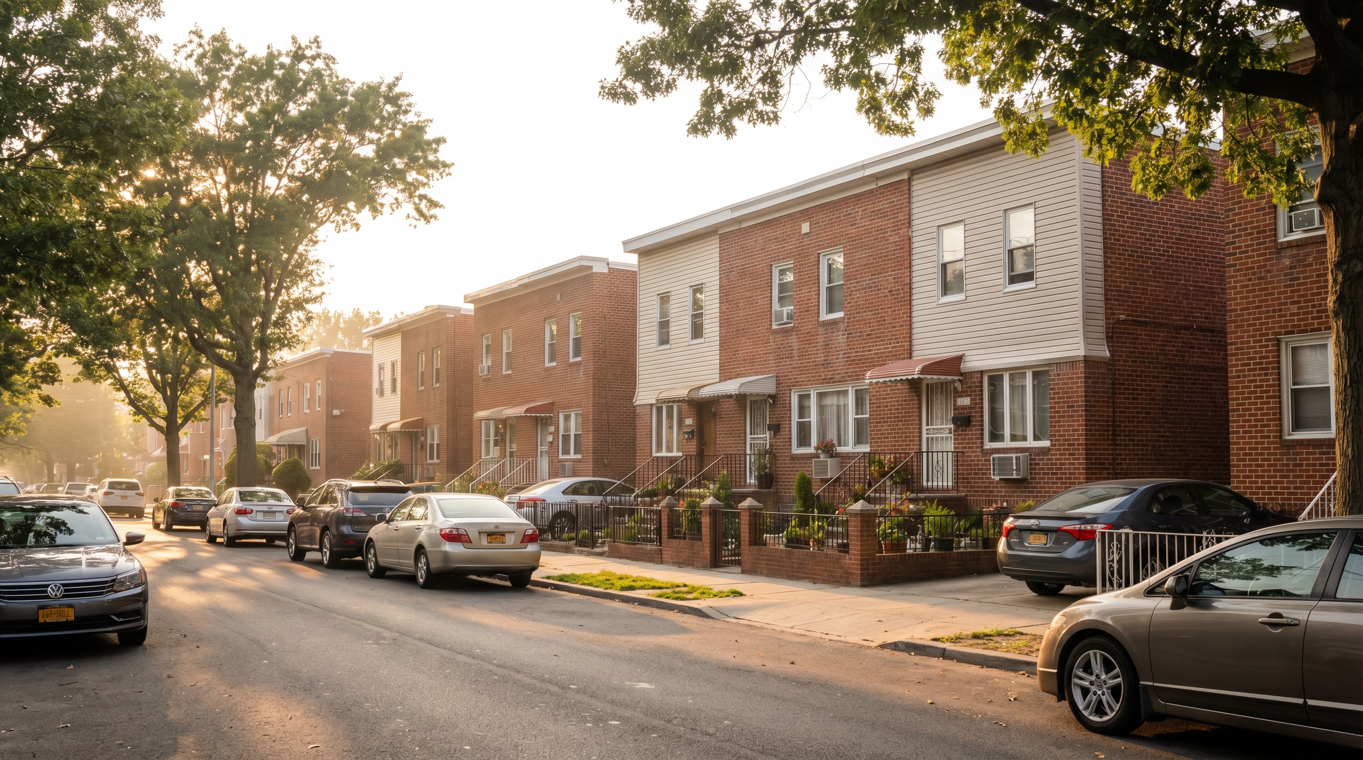 South Jamaica Queens residential street showing attached two-story brick row houses with iron railings, small front yards, and parked cars lining both sides of a tree-lined block at golden hour