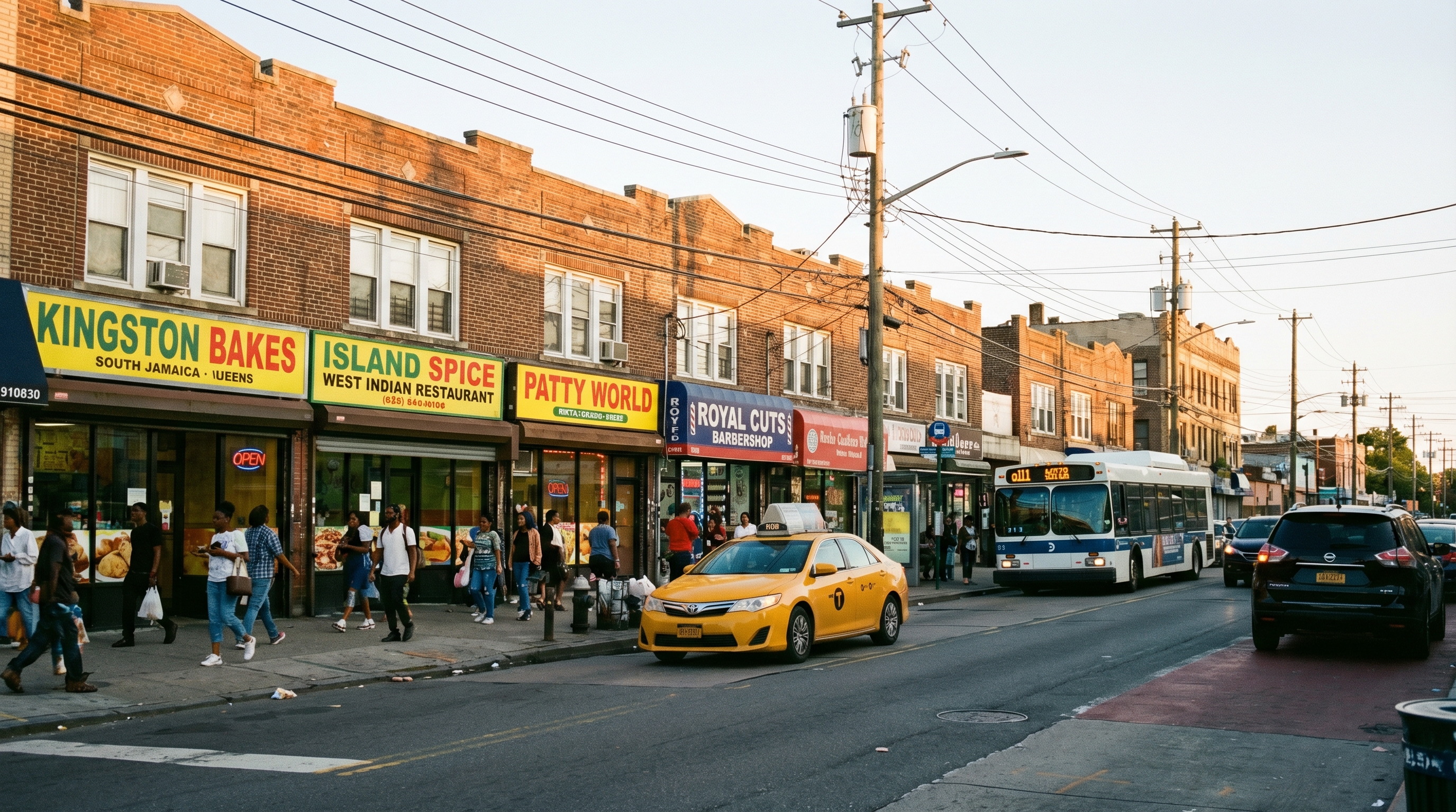 South Jamaica Queens Guy Brewer Boulevard commercial strip showing two-story brick storefronts with Caribbean bakeries, West Indian restaurants, a patty shop, and a barbershop, pedestrians on the sidewalk with a yellow taxi and city bus in street