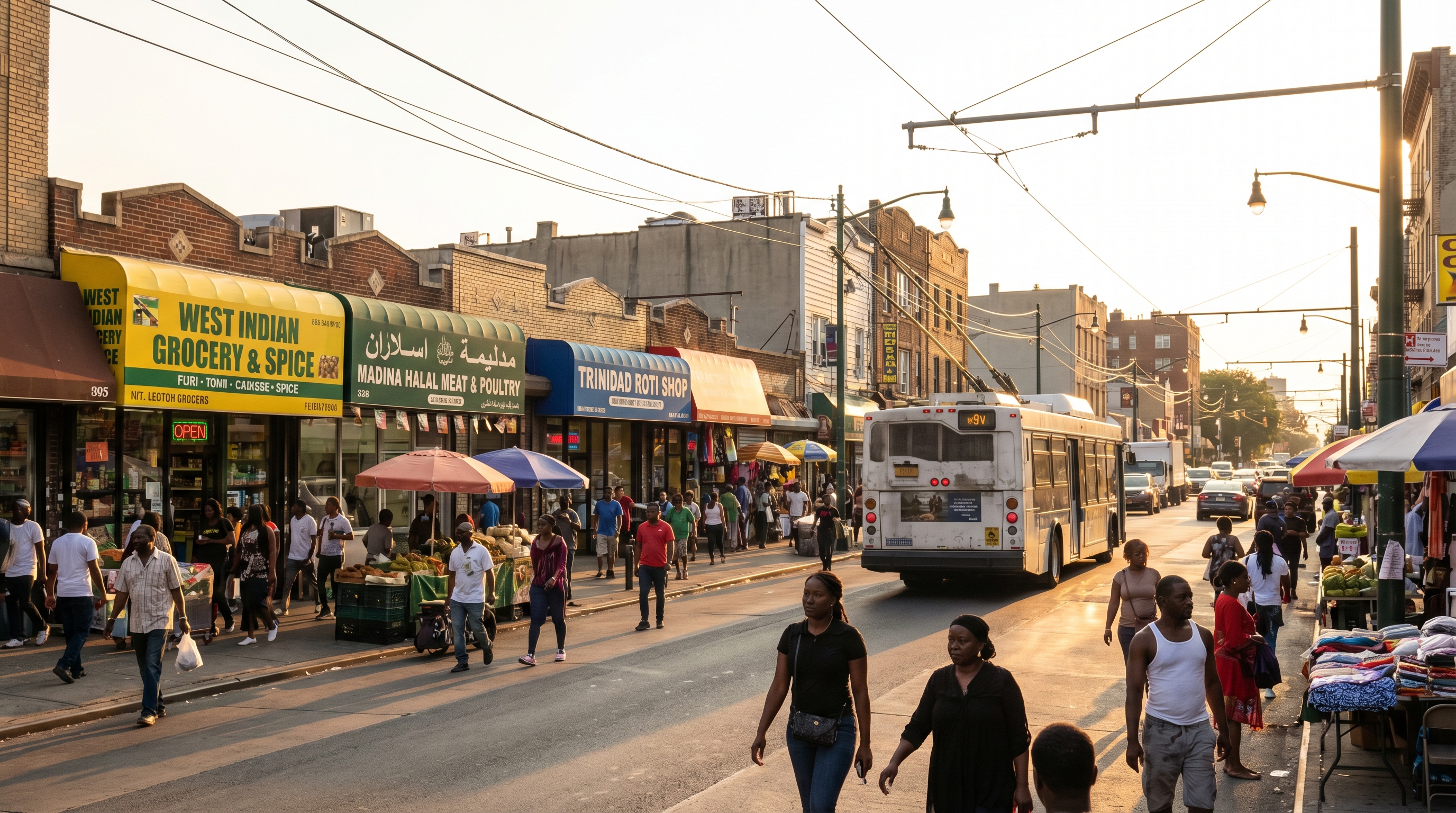 Rockaway Boulevard commercial strip in South Ozone Park Queens with Caribbean grocery, halal butcher, roti shop, and MTA bus