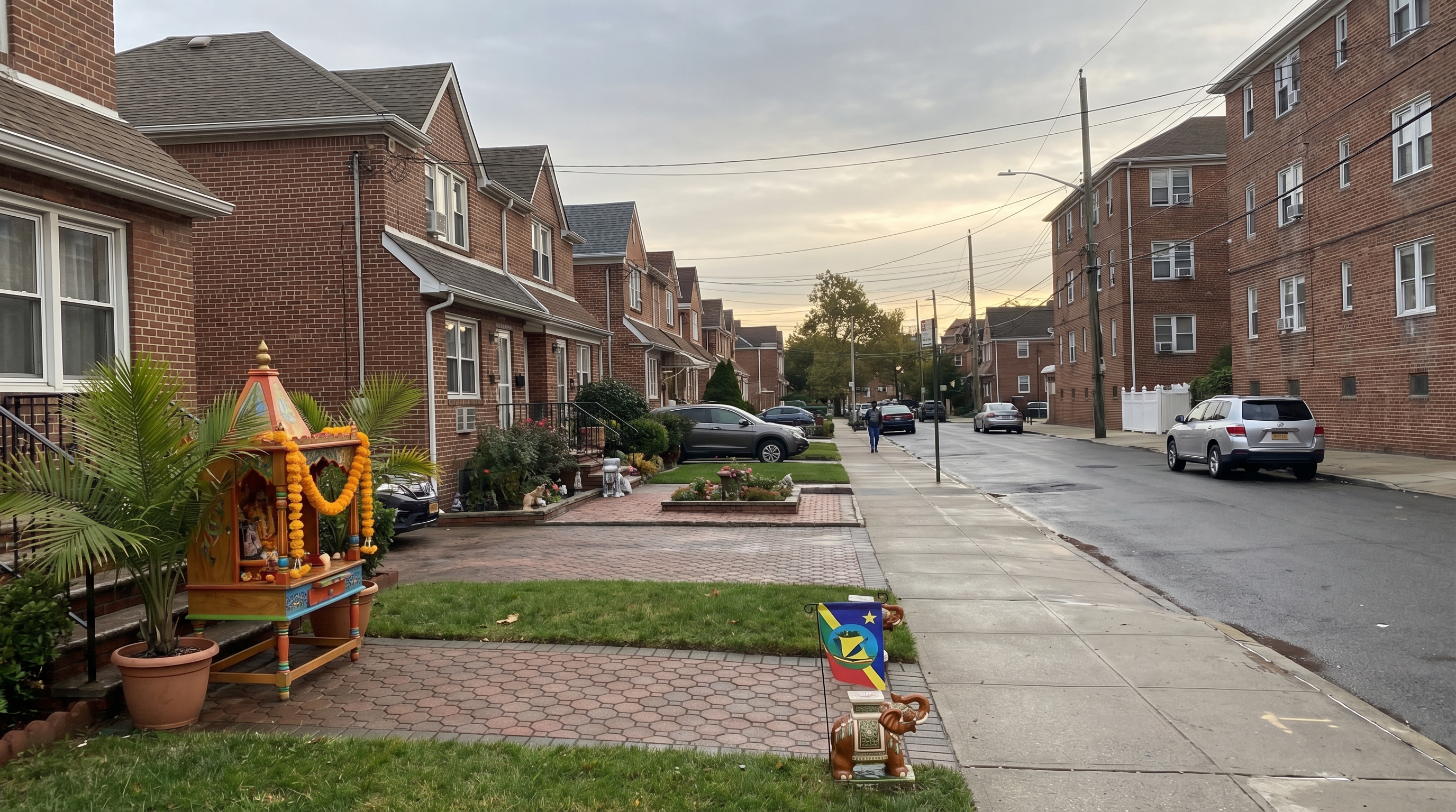 Quiet residential street in South Ozone Park Queens with attached brick homes, front yard Hindu shrine, Caribbean flag, and low-rise apartment buildings