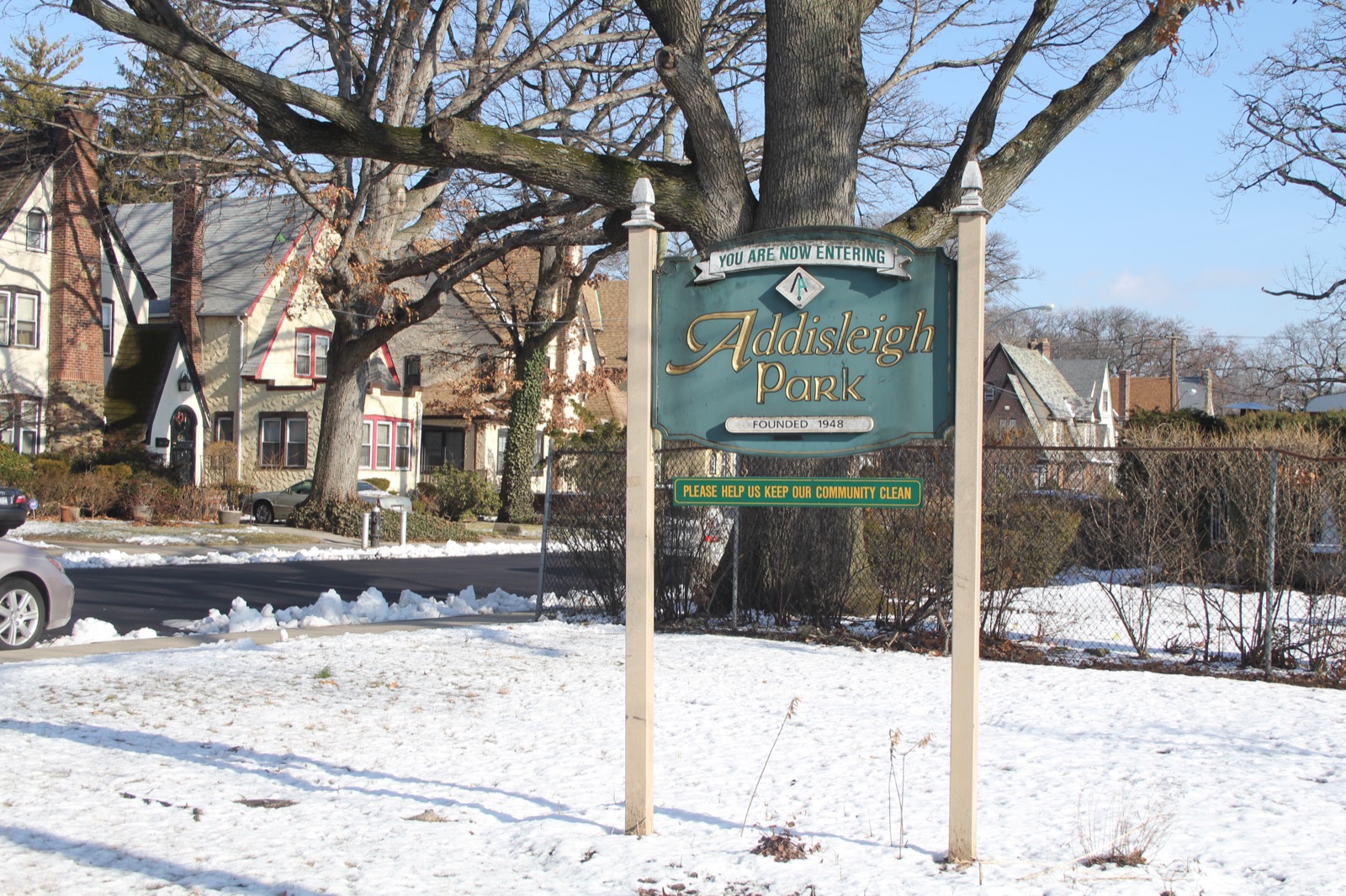 Tree-lined residential street in Addisleigh Park, St. Albans, Queens, showing Tudor Revival and Colonial homes with deep front lawns and mature canopy trees