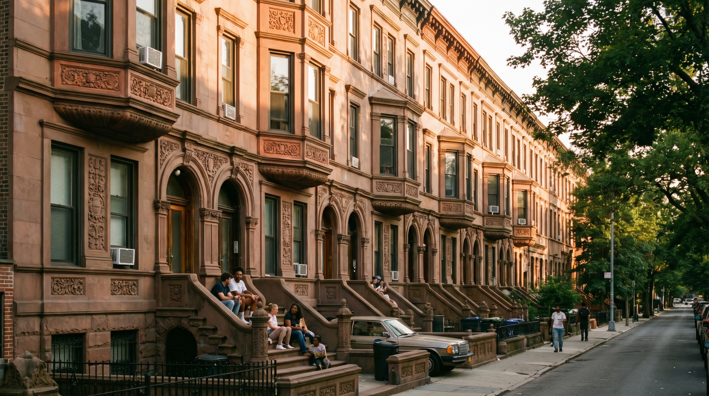 Queen Anne brownstone facades in Stuyvesant Heights at golden hour showing ornate terra-cotta panels, arched doorways, and people gathered on stoops along a residential block