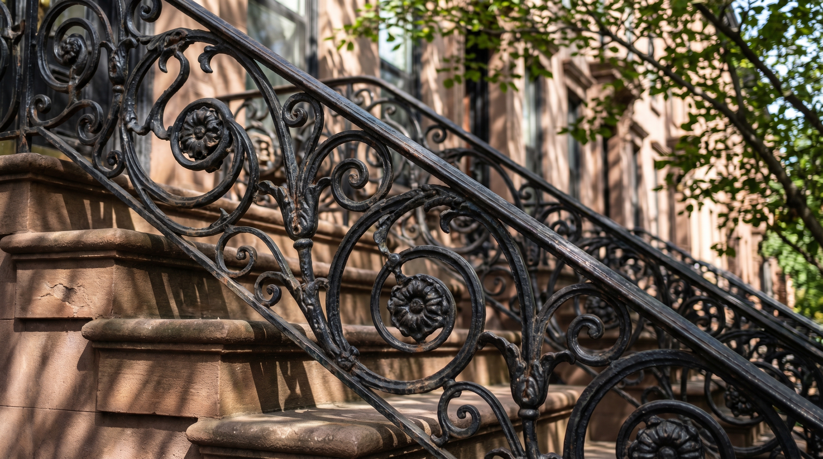 Close-up of ornate Victorian cast iron stoop railing on a Stuyvesant Heights brownstone showing intricate scrollwork and foliate patterns with the warm sandstone steps behind