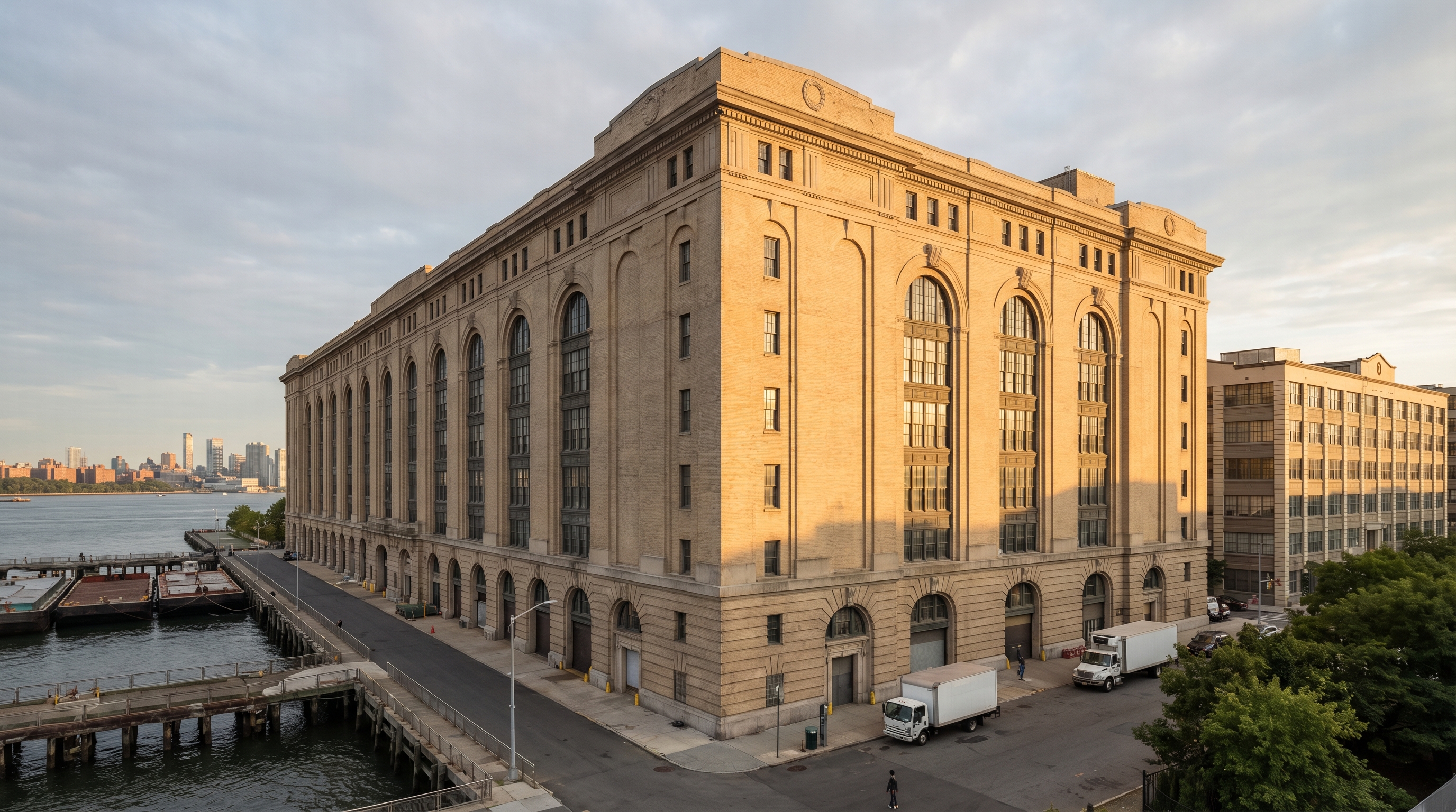 The Brooklyn Army Terminal in Sunset Park, a monumental 1918 buff-brick Neoclassical industrial building designed by Cass Gilbert, sitting on the waterfront with New York Harbor visible to the left and Industry City warehouse buildings in the background