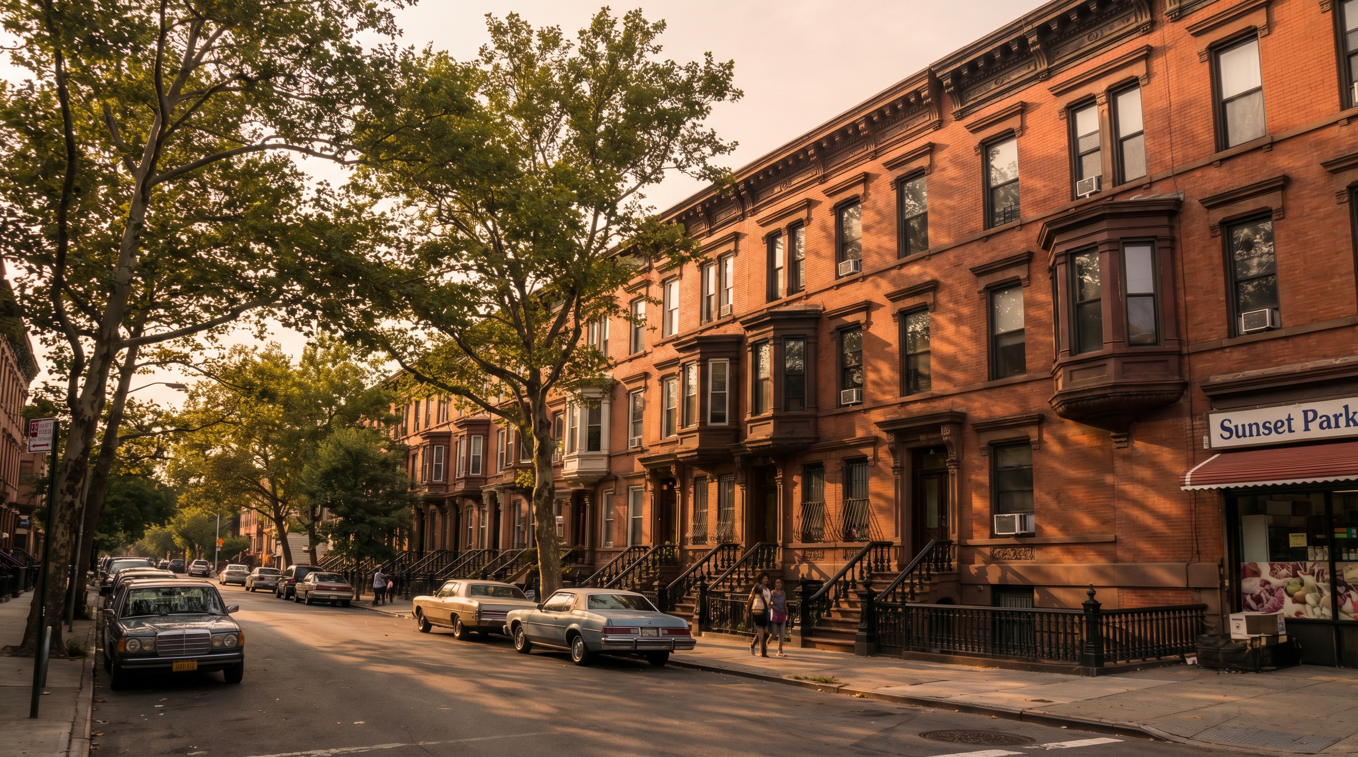 Sunset Park, Brooklyn rowhouse block showing attached two- and three-story brick buildings from the 1890s-1910s with corniced facades, stoops with iron railings, and tree-lined sidewalks in warm afternoon light