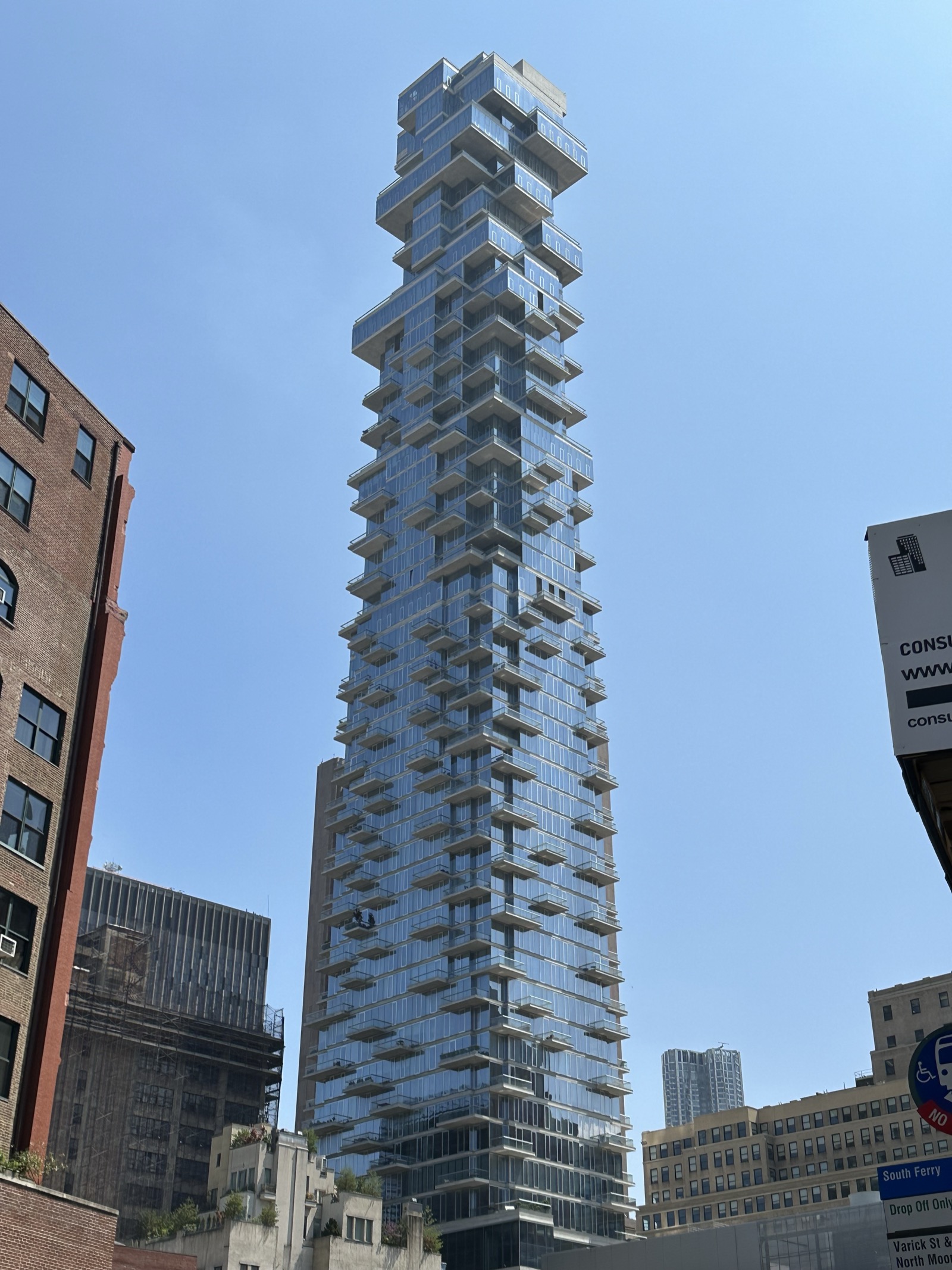 56 Leonard Street viewed from Franklin Street showing the cantilevered floors that give the building its Jenga Tower nickname against the low-rise Tribeca context