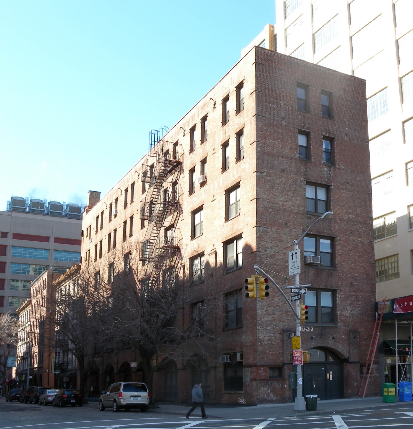 A commercial loft building at 135 Hudson Street in the Tribeca West Historic District seen from the corner of Hudson and Franklin Streets