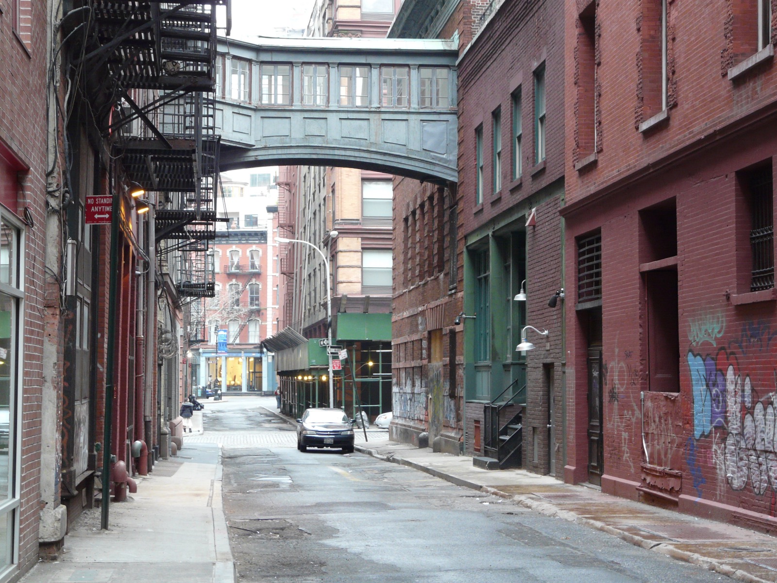 The Staple Street skybridge connecting two warehouse buildings, a cast-iron and brick aerial walkway built in 1907 for the New York Hospital House of Relief