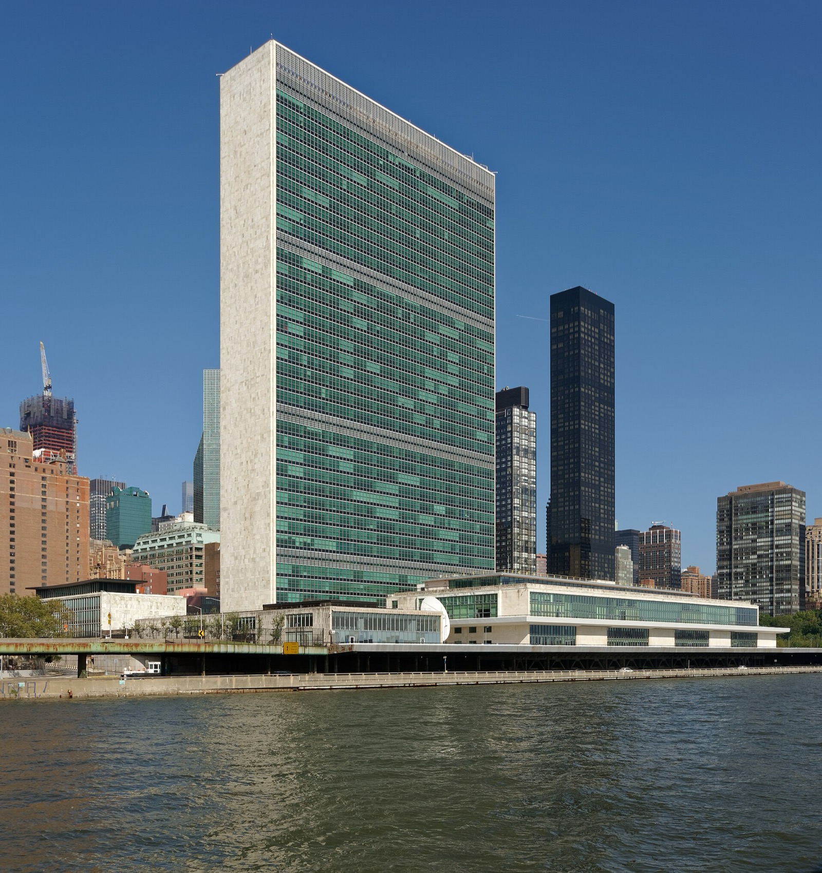 The United Nations General Assembly Building in Turtle Bay, Manhattan, with its recognizable domed hall visible from First Avenue