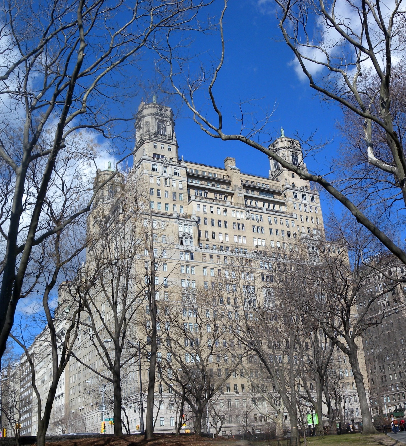 The Beresford apartment building on Central Park West with its three domed towers seen from inside Central Park