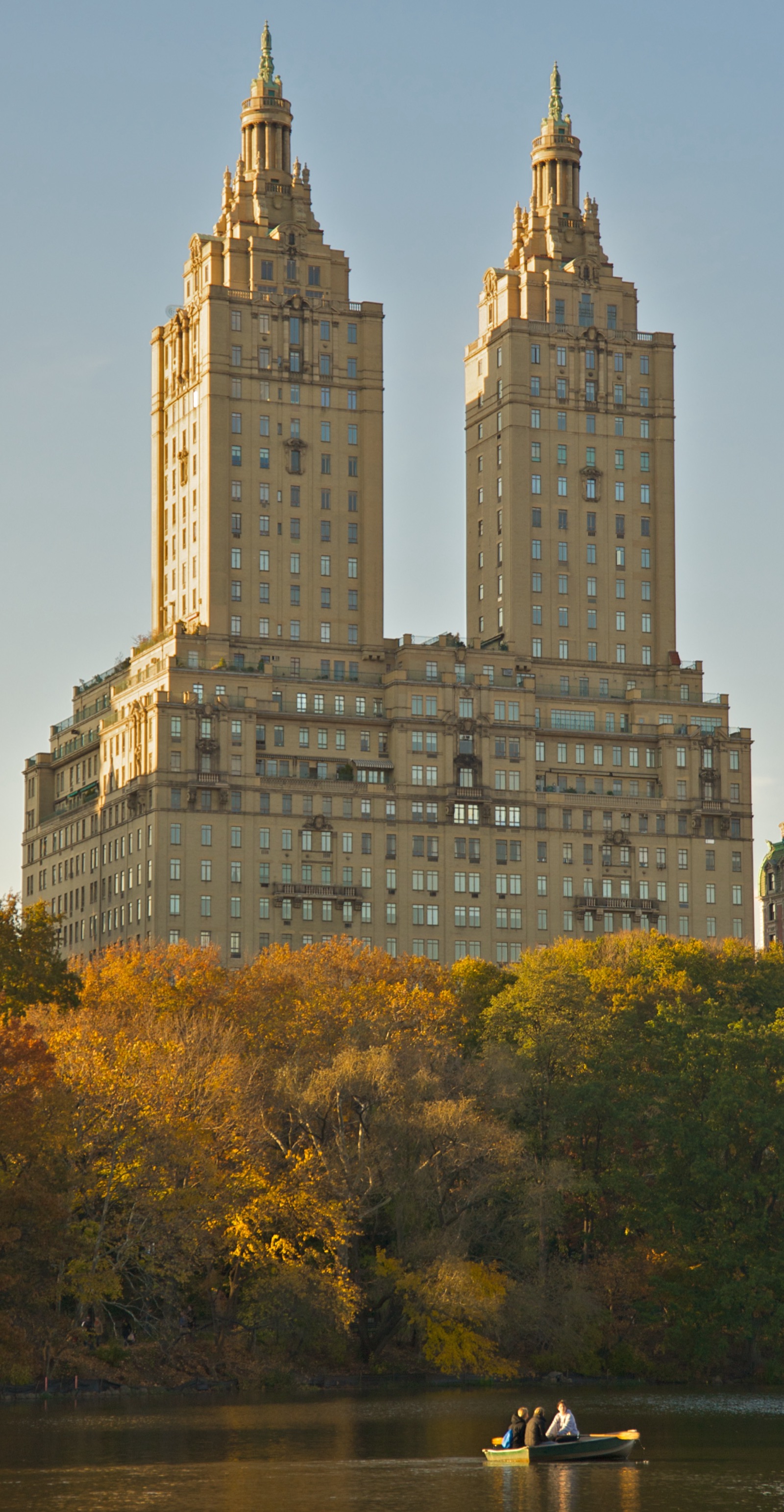 The twin towers of the San Remo co-op at 145-146 Central Park West, designed by Emery Roth in 1930, photographed from the west side of the Central Park reservoir