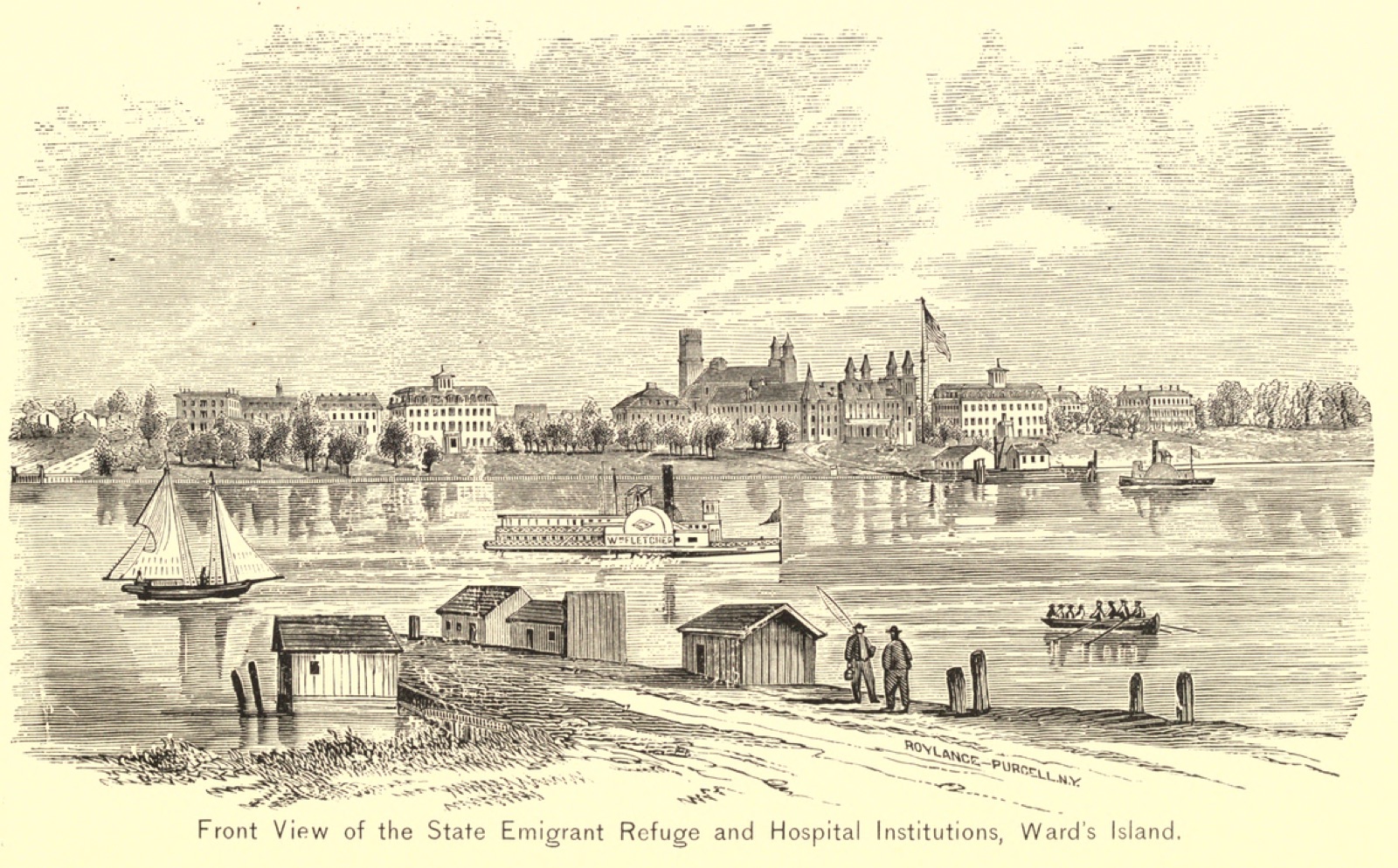 Historical illustration of the State Emigrant Refuge on Wards Island from the 1850s, the largest hospital complex in the world at the time, treating famine Irish and Central European immigrants