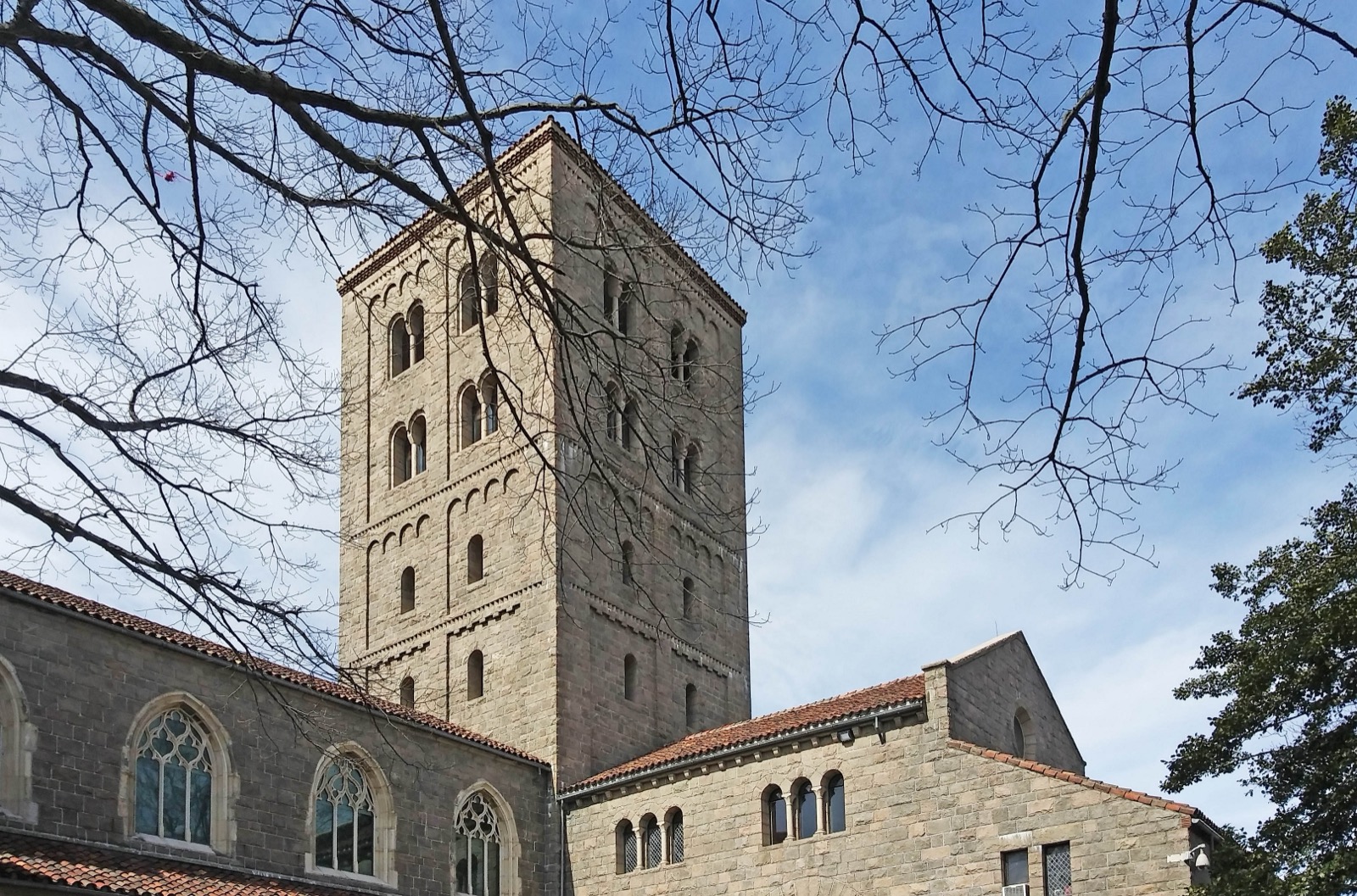 The Cloisters, a branch of the Metropolitan Museum of Art dedicated to medieval European art, rising from the wooded hillside of Fort Tryon Park in Washington Heights