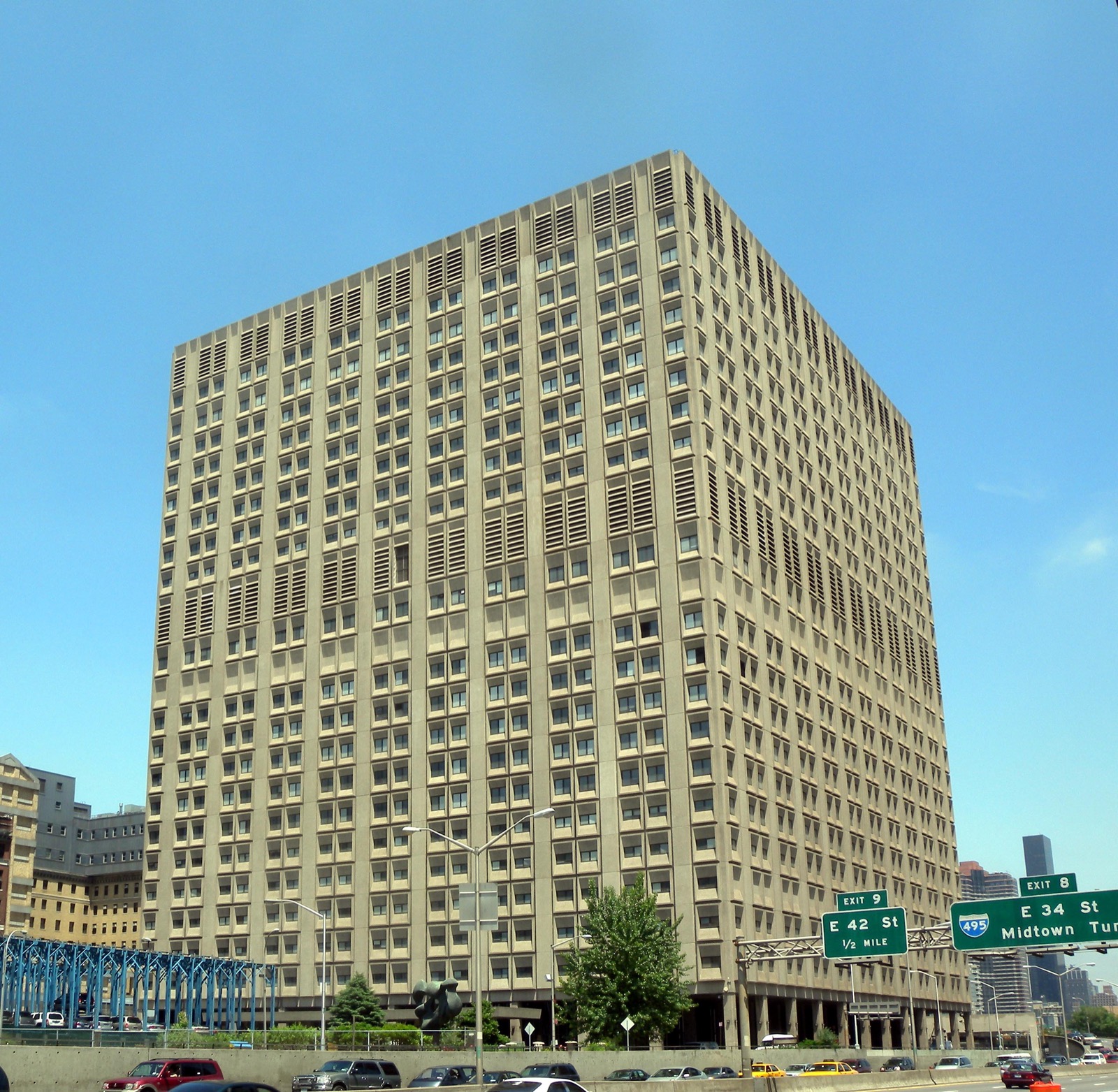 Bellevue Hospital Center's high-rise tower along the FDR Drive on Manhattan's East Side near Waterside Plaza
